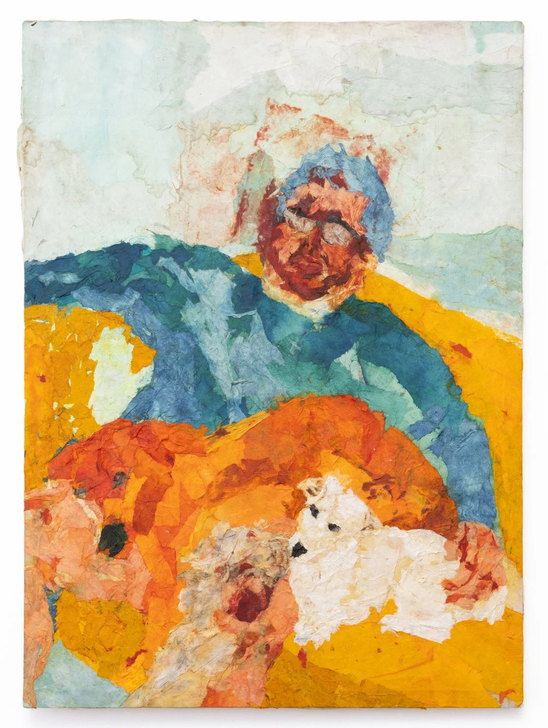 Abstract watercolor painting of a woman with blue hair wearing glasses, holding a small white dog, using vibrant colors like blue, orange, yellow, and white.