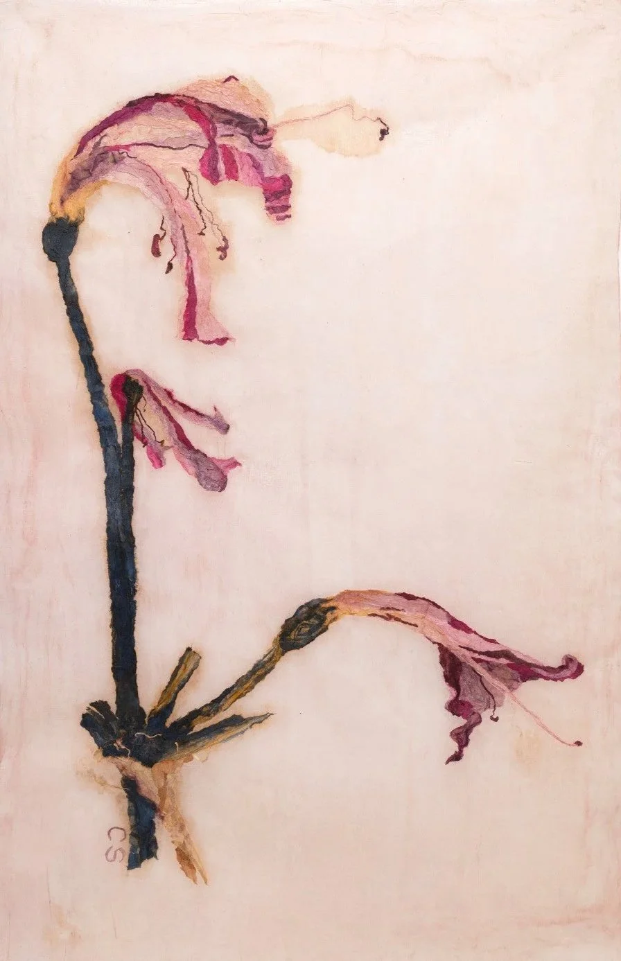 A watercolor painting of a wilted flower with pink and purple petals and a long, dark stem on a light background.
