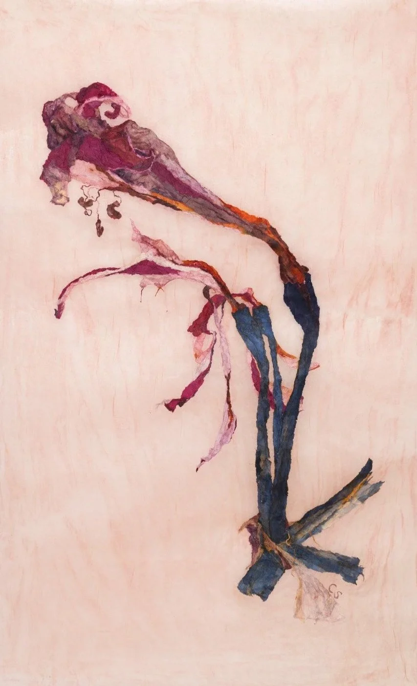 Watercolor painting of wilted flower with pink, purple, and dark blue petals against a light pink background.