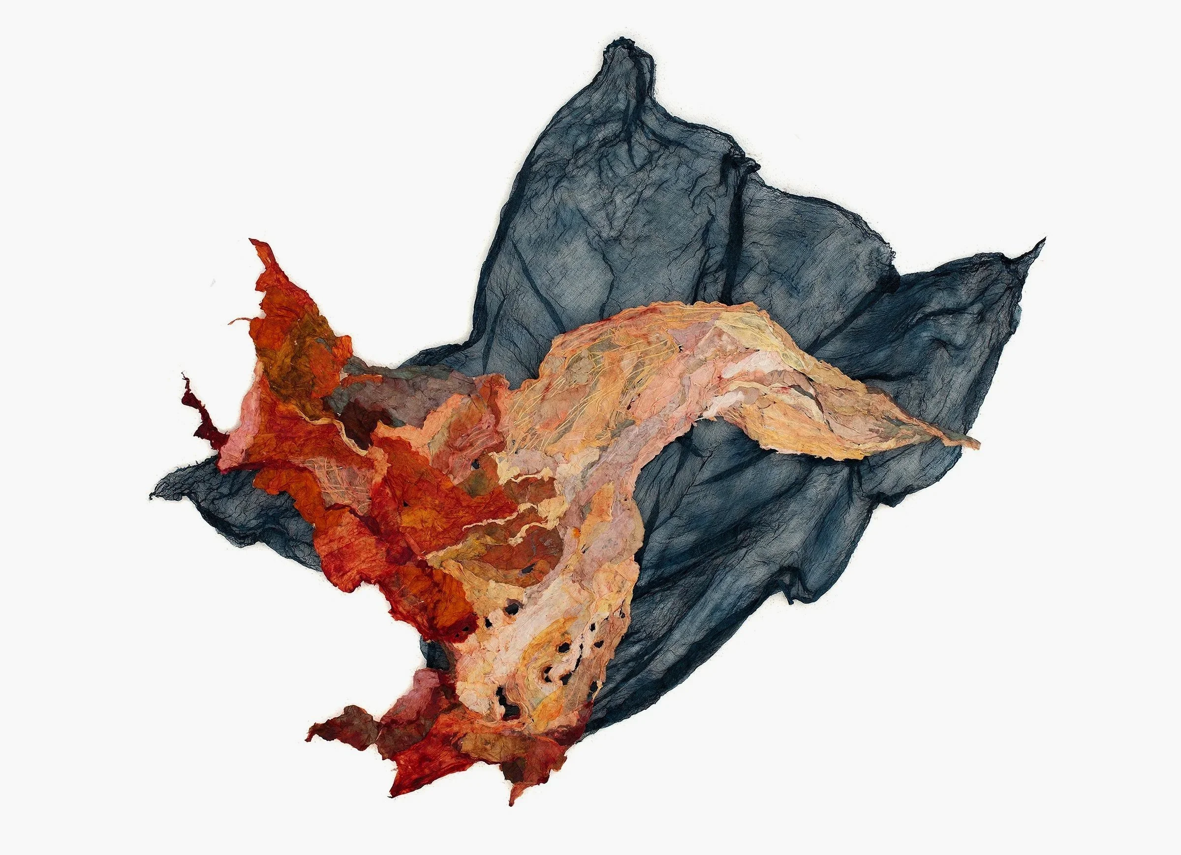 Abstract artwork resembling a mountain with layered textures in shades of gray, black, orange, and red on a white background.