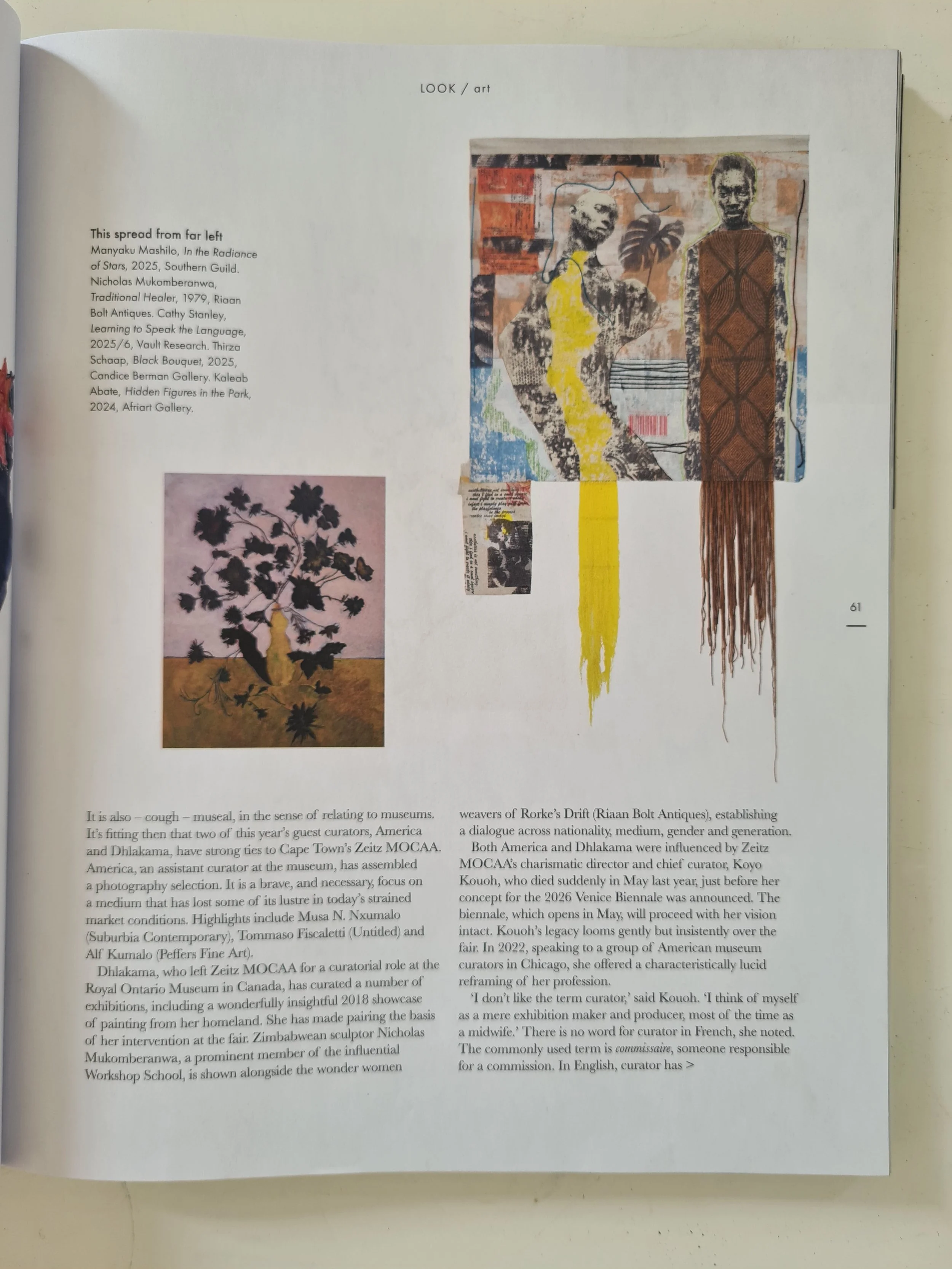 Page from an art magazine showing a collage artwork. The collage features two human figures, one female and one male, with mixed media and text elements. The artwork includes bright yellow and brown colors, and a background that combines abstract shapes and textures.