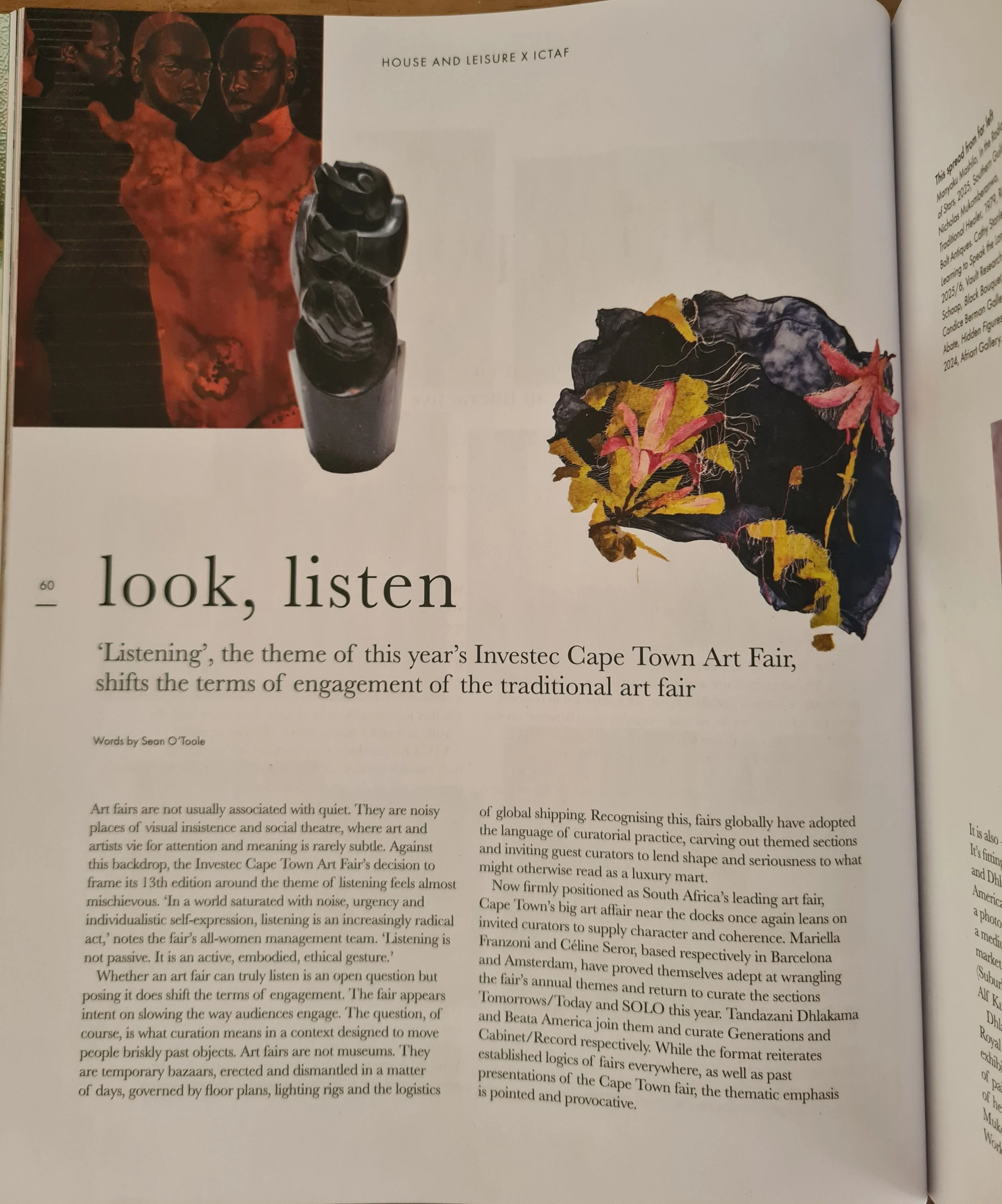 A page from a magazine or book featuring an art exhibit. The left side shows a large artwork with multiple portraits of Black individuals, and a smaller sculpture of a black shoe in the middle. The right side has text discussing art fairs and curatorial practices.