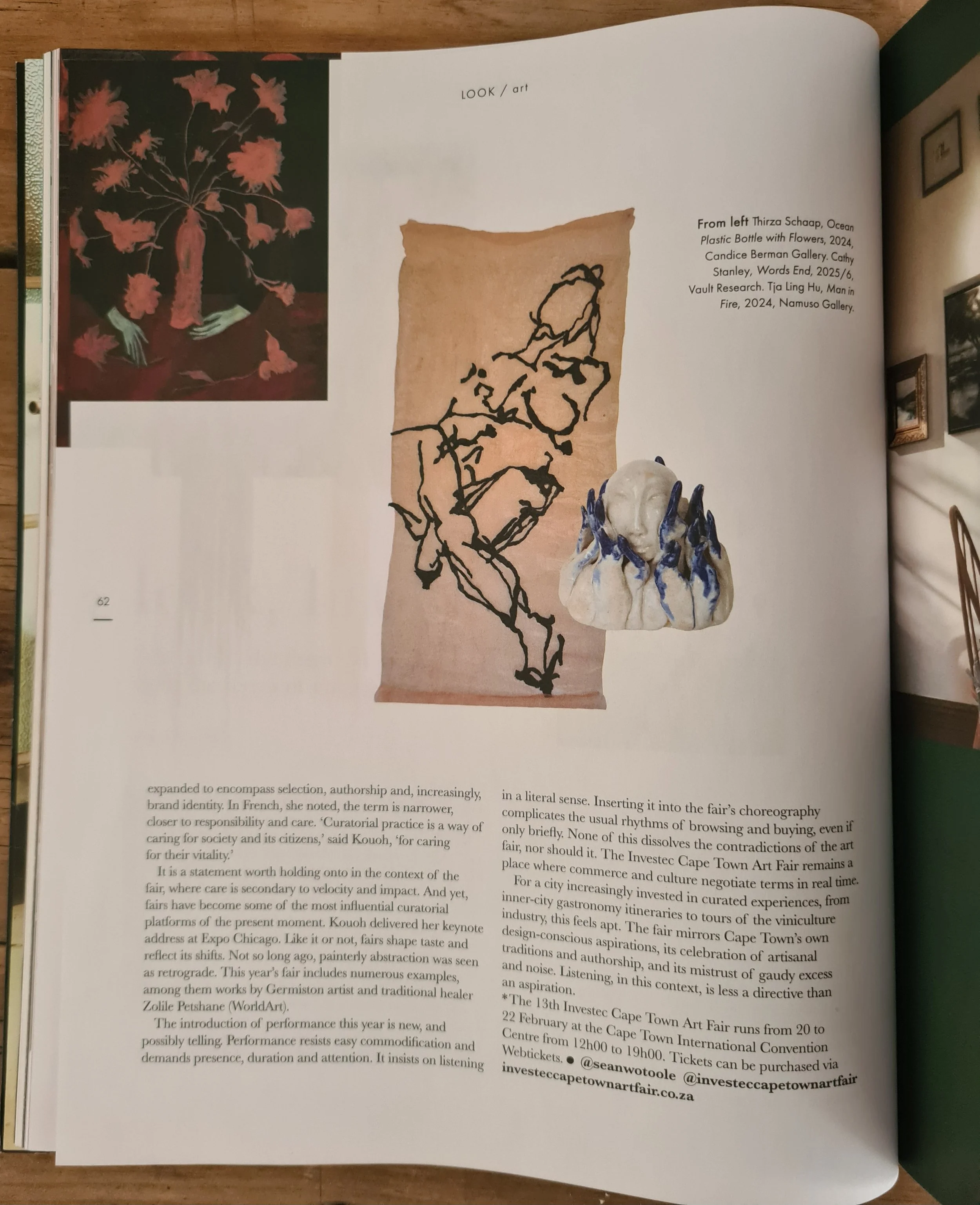 A page from a book showing two art pieces and a paragraph of text. The first art piece is a painting of a floral arrangement with pink flowers and green hands. The second art piece is a black line drawing of a woman on a textured beige background. There is additional text describing the artworks and their sources.