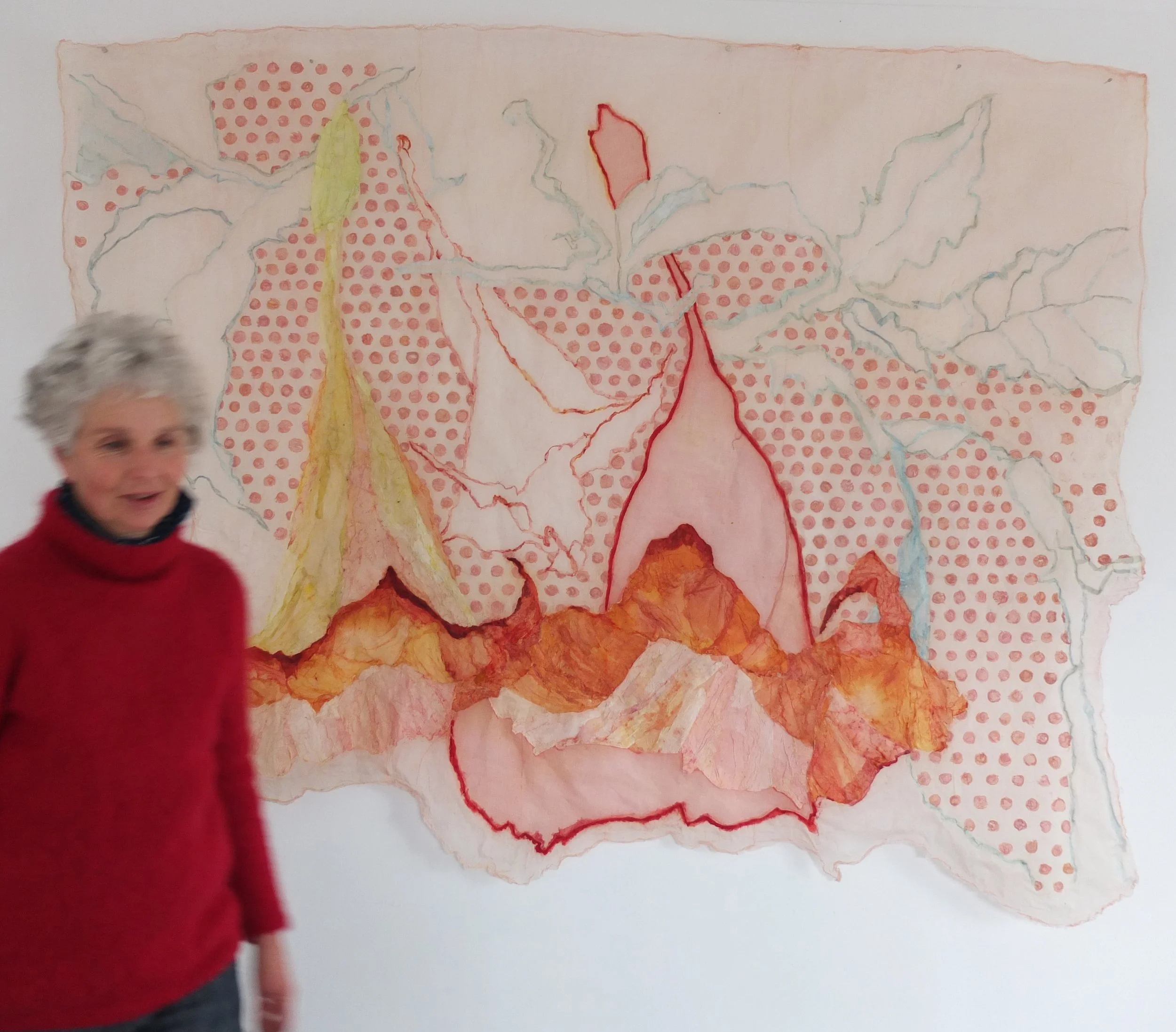 A woman with gray hair wearing a red top stands in front of a large, colorful geological map that shows different rock formations and fault lines in various colors including red, yellow, pink, and blue.