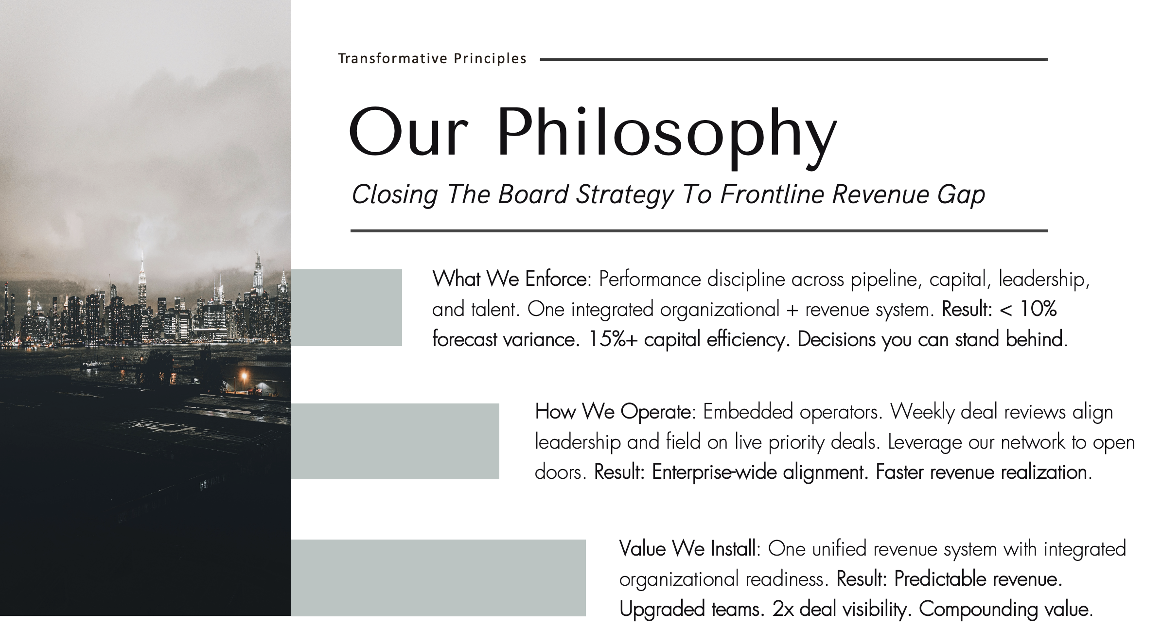 "Our Philosophy" - "Closing The Board Strategy To Frontline Revenue Gap". Execution infrastructure. A single revenue operating system across leadership and live deals. Pipeline visibility. Organizational readiness.