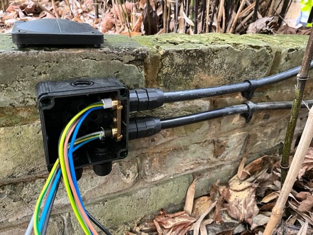 SWA cable terminations in weatherproof Wiska enclosure, ELV garden lighting installation — Hobbs Electrical Group
