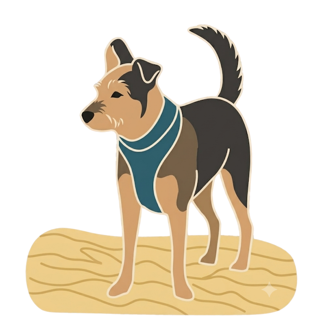 An illustration of a dog standing on a beach, wearing a blue harness.