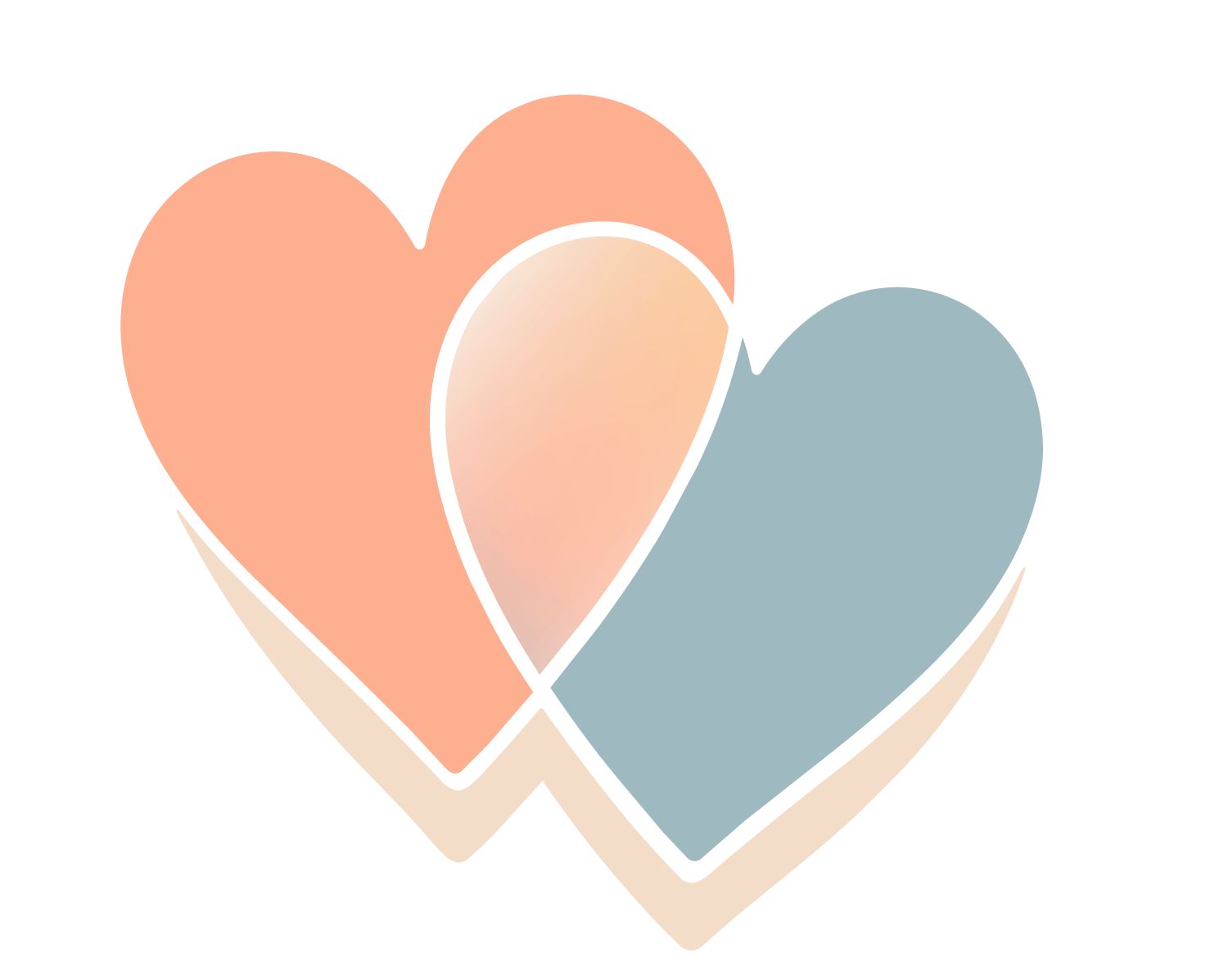 Two overlapping hearts, one pink and one blue, with a beige outline and black borders.