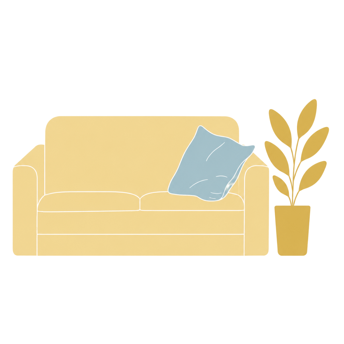 Illustration of a beige sofa with a light blue pillow and a potted plant with large leaves beside it.