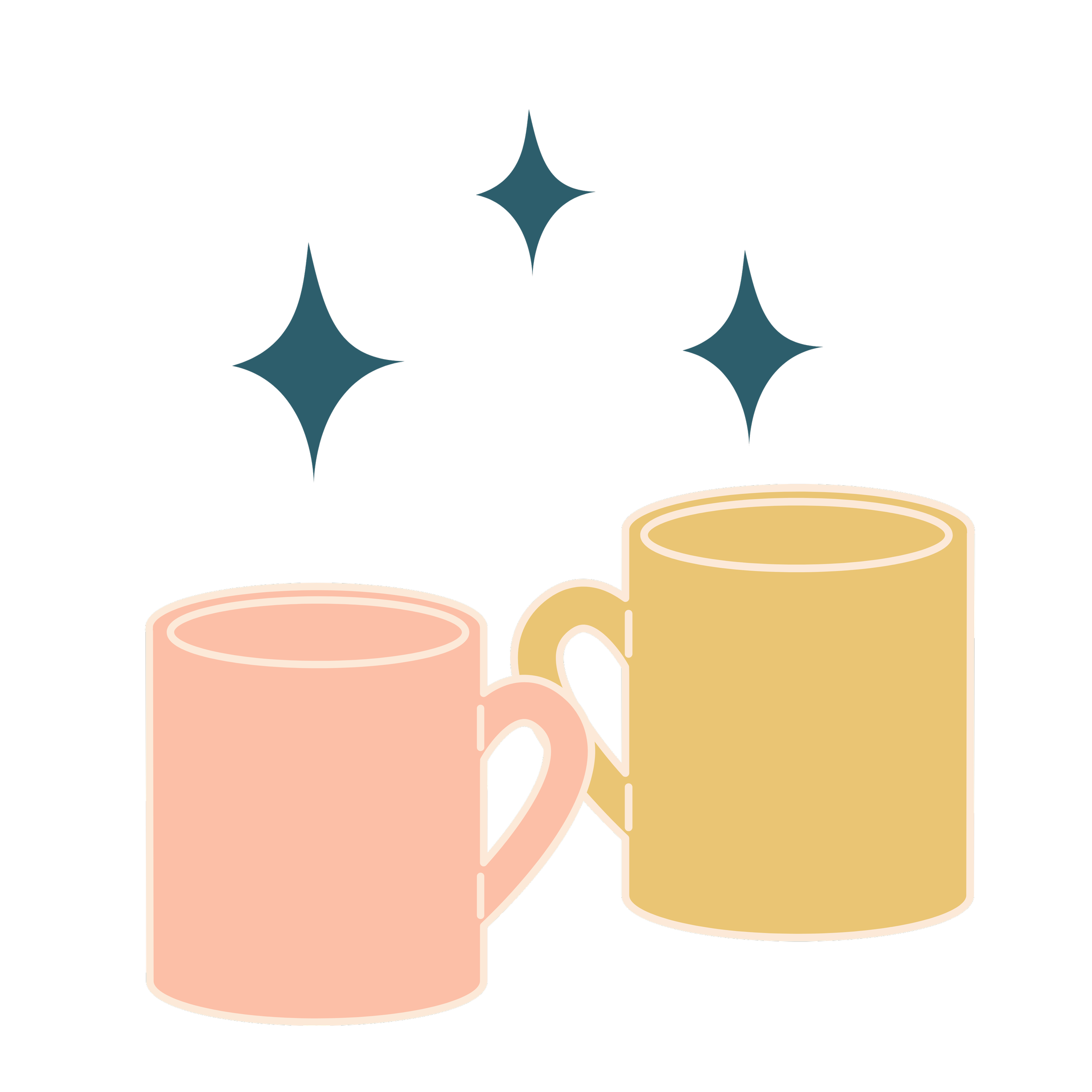 Illustration of a set of three coffee mugs in pastel pink, yellow, and beige colors, with steam rising from each, on a dark background.