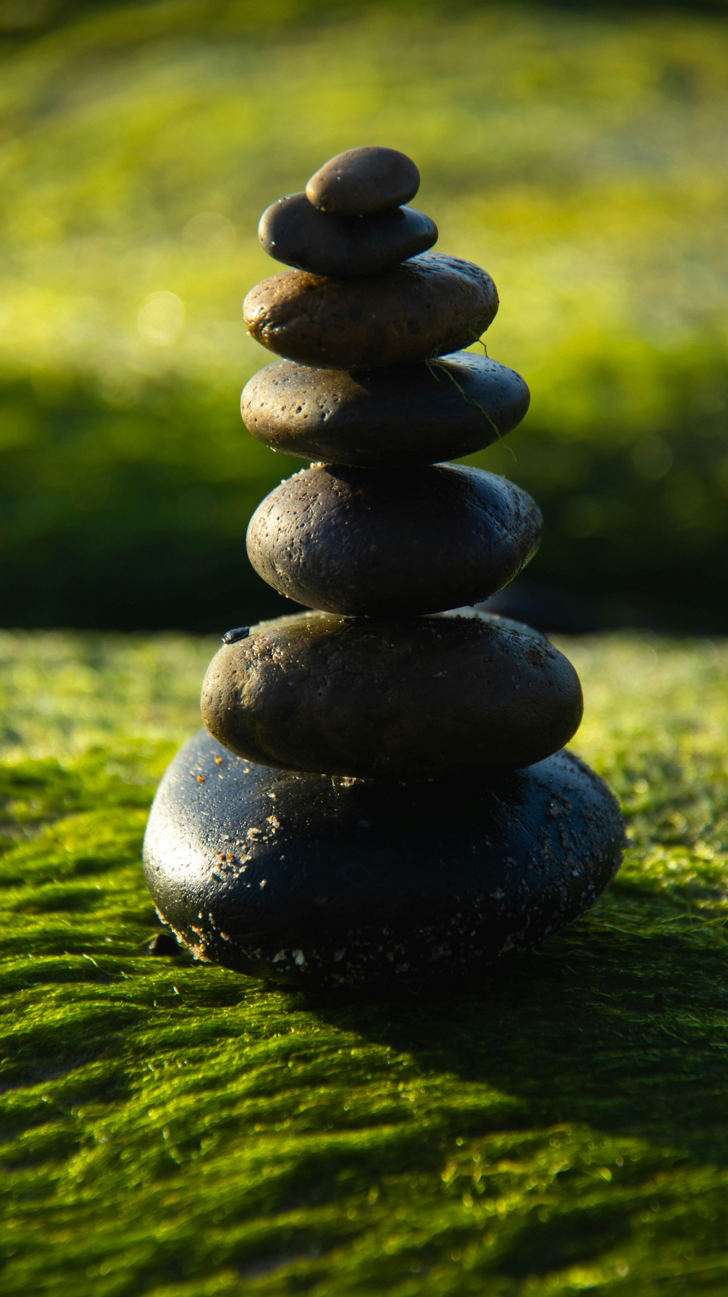 Stacked black stones on green mossy surface with blurred natural background.