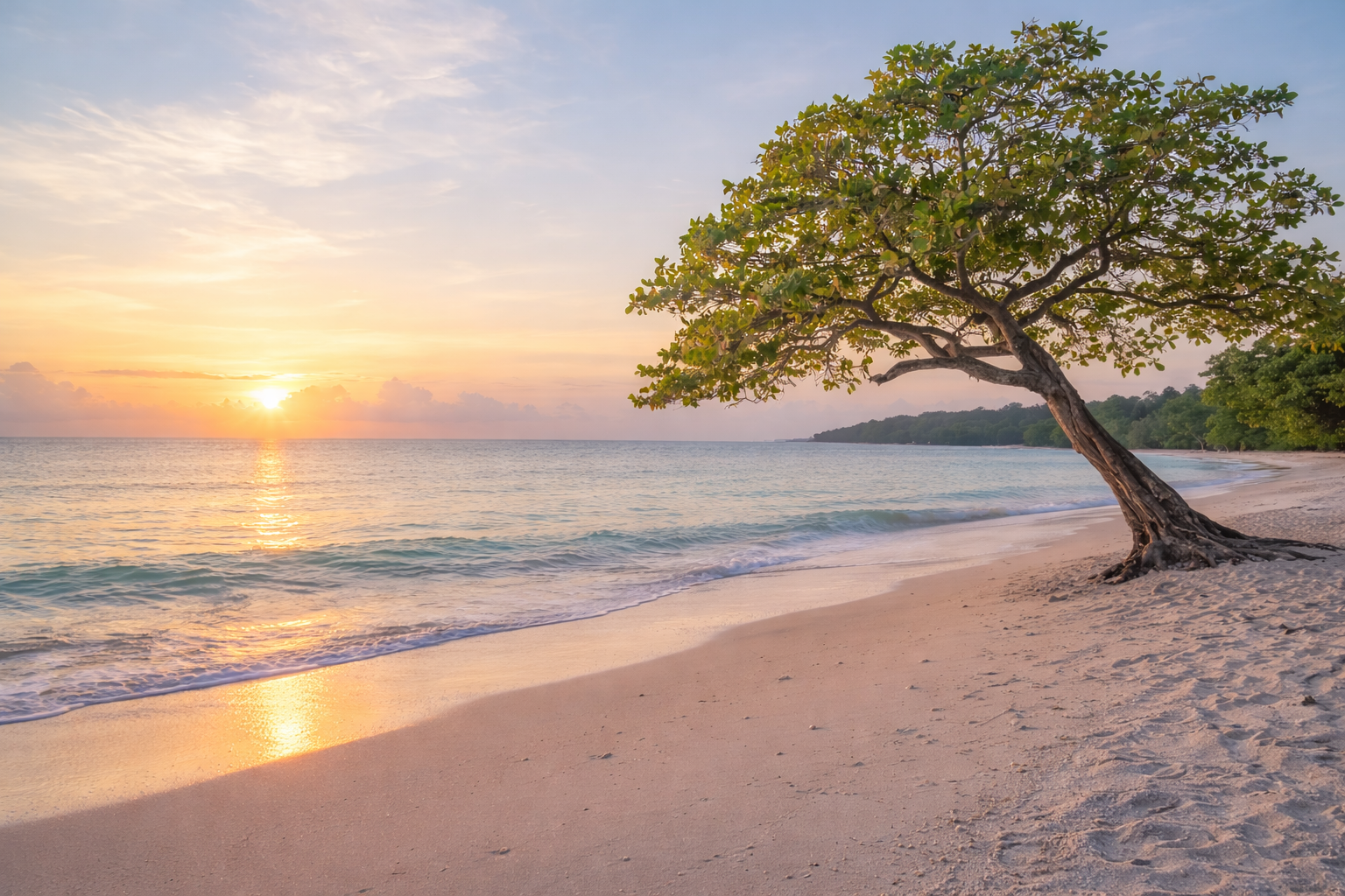 Sunset over a calm ocean with a sandy beach and a leaning tree in the foreground.