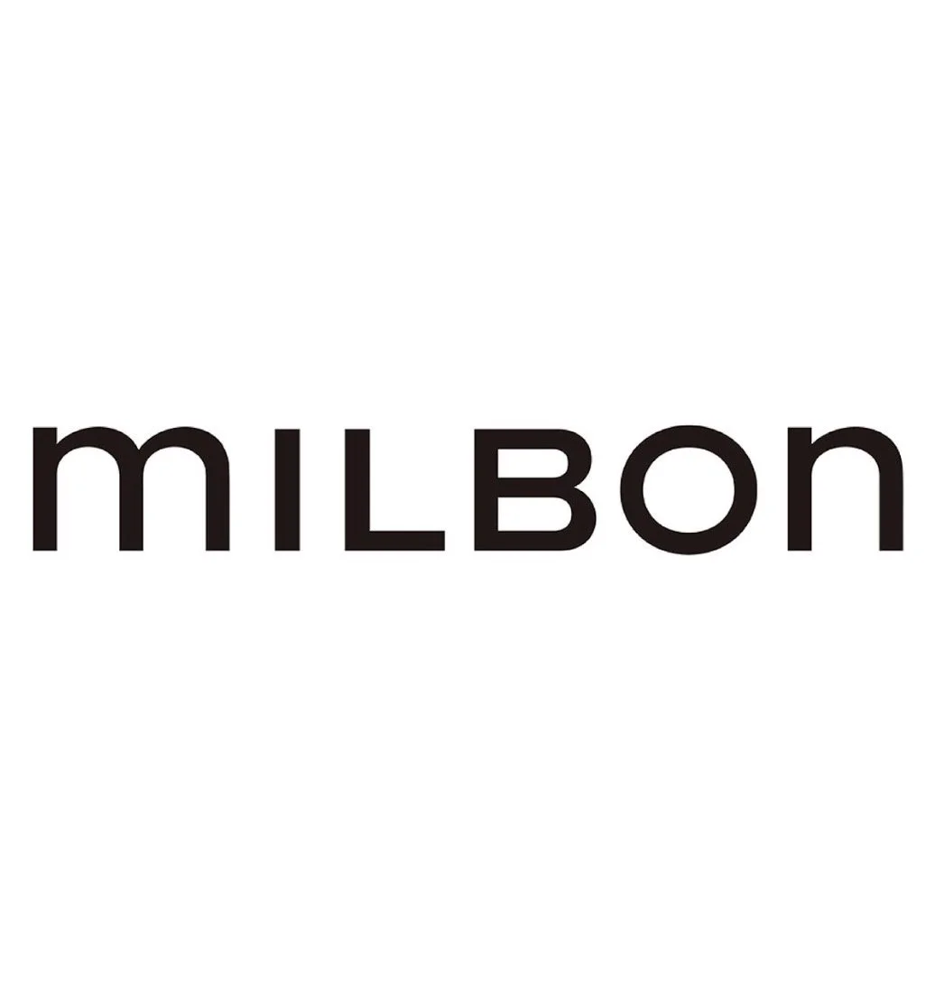 The word 'milbon' written in black text with a horizontal flip effect.