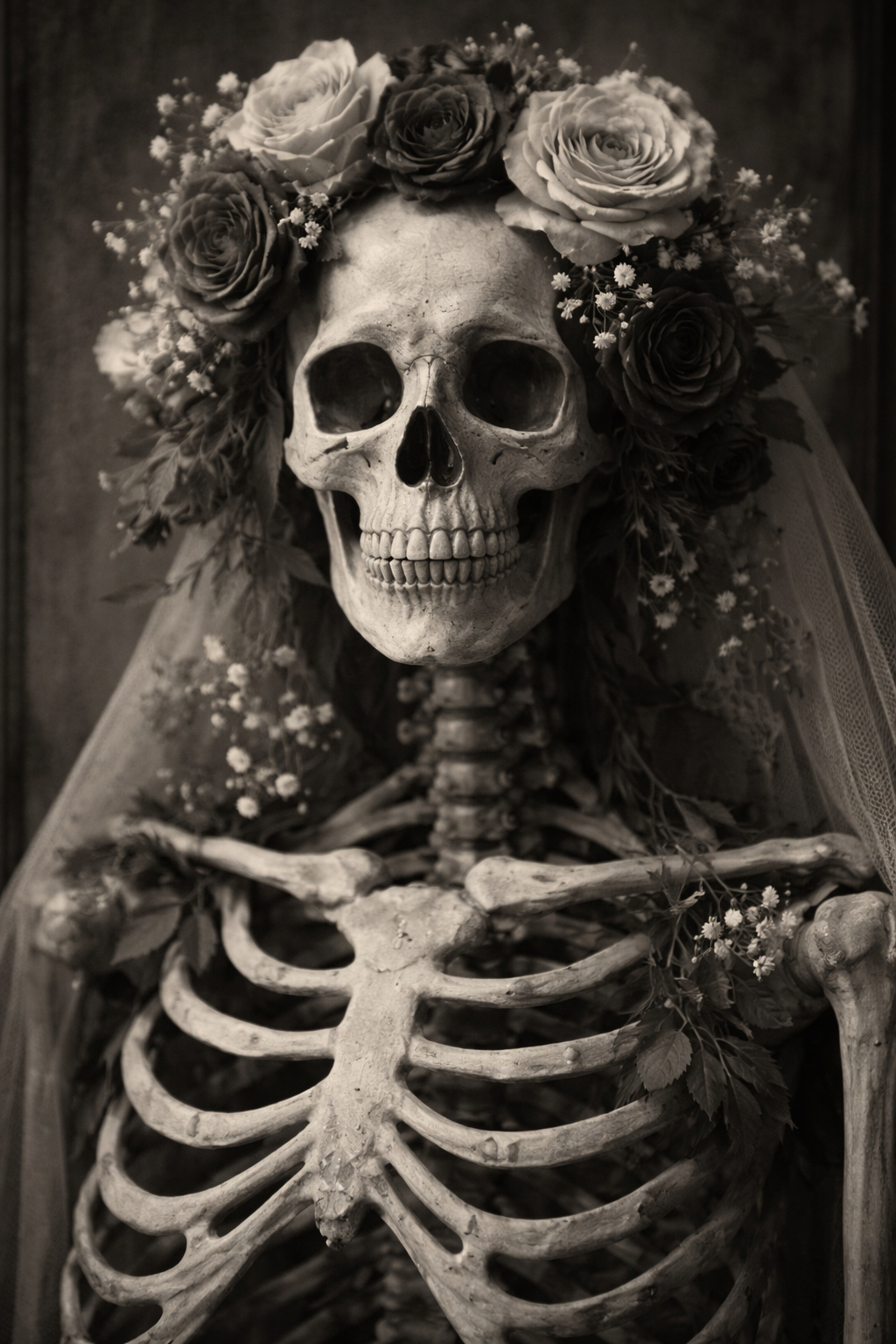 Black and white skeleton portrait with roses, horror aesthetic author image placeholder.