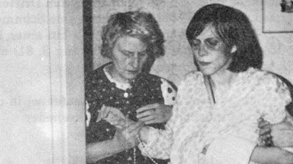 A grainy black and white photo of Anneliesse Michel, a victim of exorcism