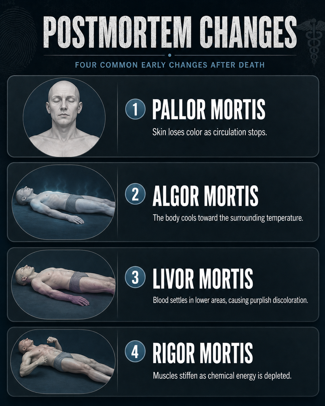 Educational infographic explaining four early postmortem changes: pallor mortis, algor mortis, livor mortis, and rigor mortis, with body illustrations showing paleness, cooling, discoloration, and muscle stiffening.