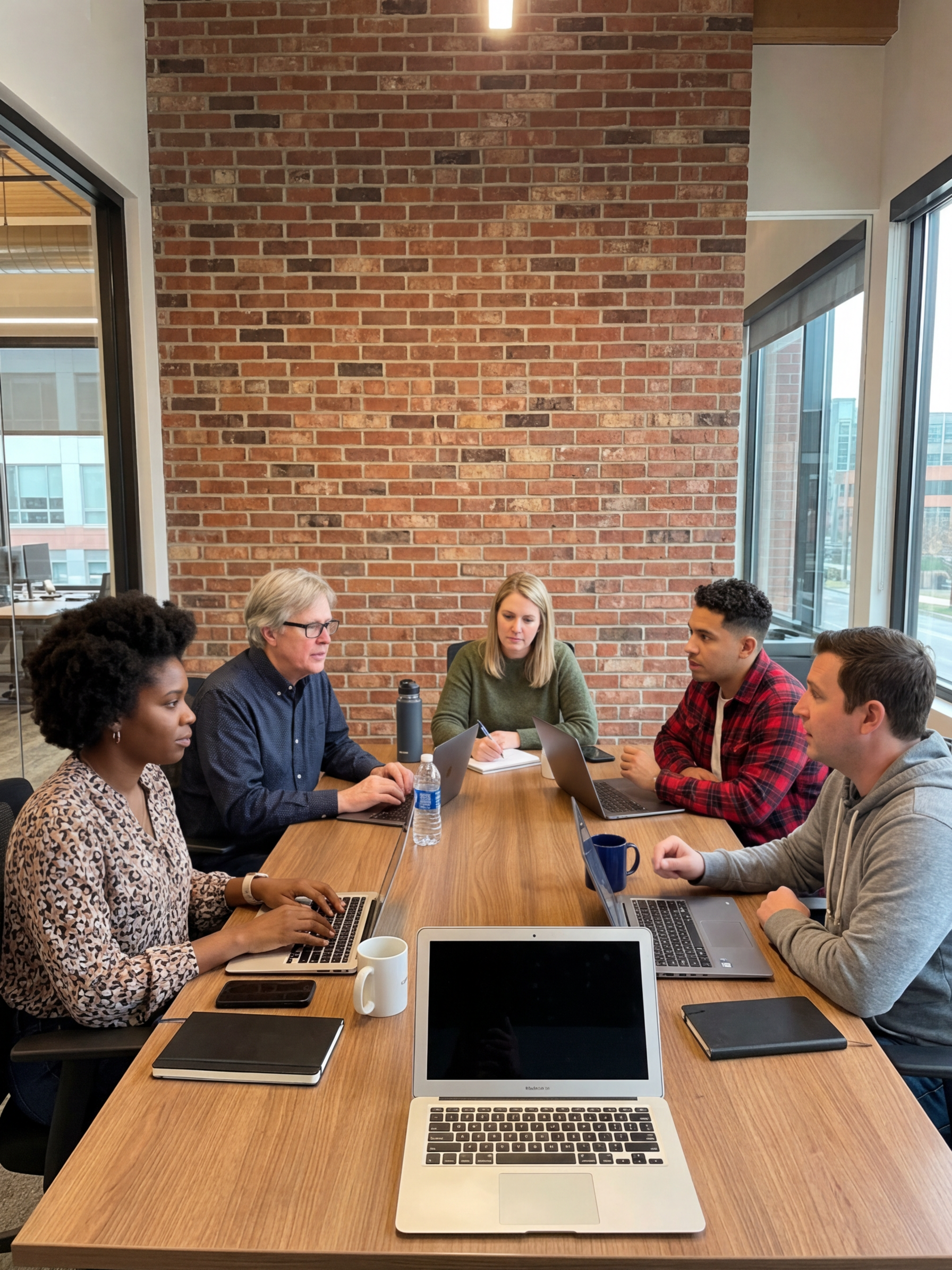 Five people sitting around a conference table in a meeting room with brick wall and windows, working on laptops and taking notes.