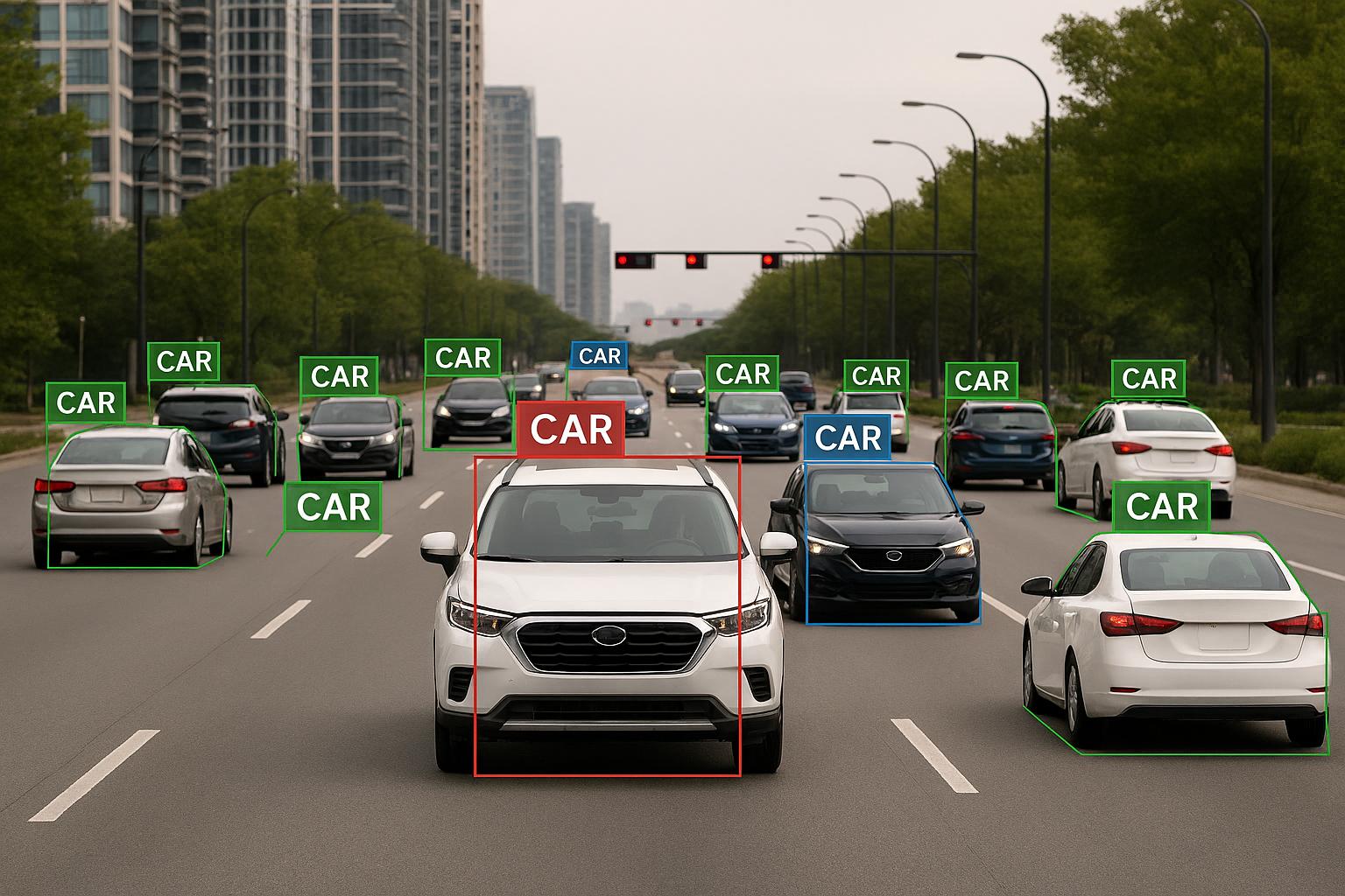 A drone view of a multi-lane city street with numerous cars, each labeled with detection boxes indicating 'CAR' tags in green, blue, and red for different types or states of cars.