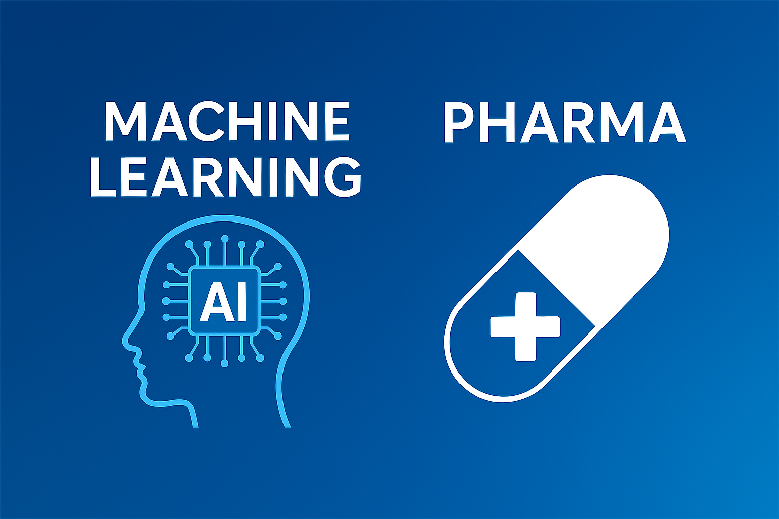 Blue background with white text reading 'Machine Learning' and 'Pharma'. An outline of a human head with circuit lines and 'AI' inside it on the left; a white pill capsule with a cross symbol on the right.