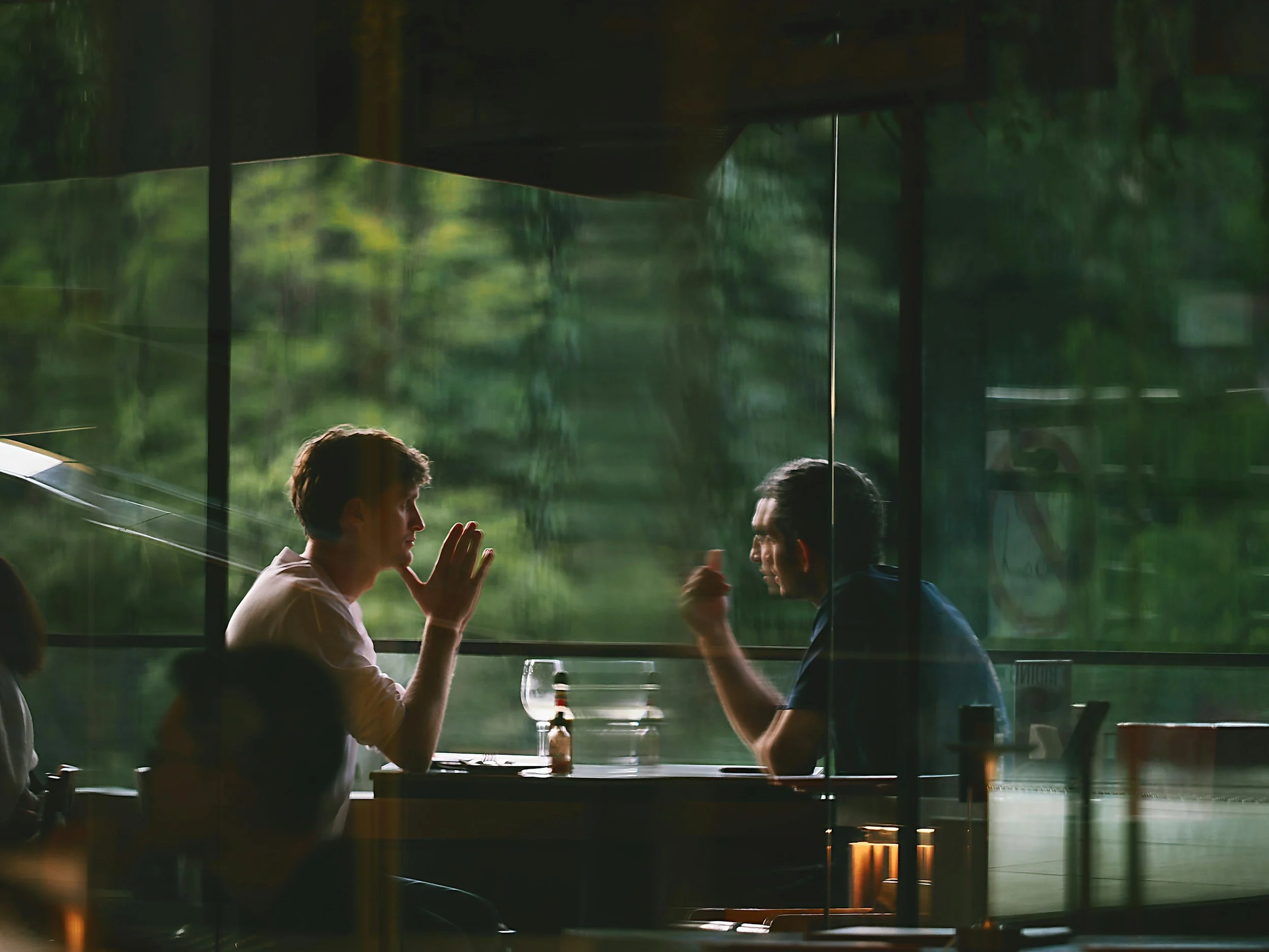 Deux jeunes hommes discutent dans un restaurant avec une grande fenêtre donnant sur un extérieur vert foliage.