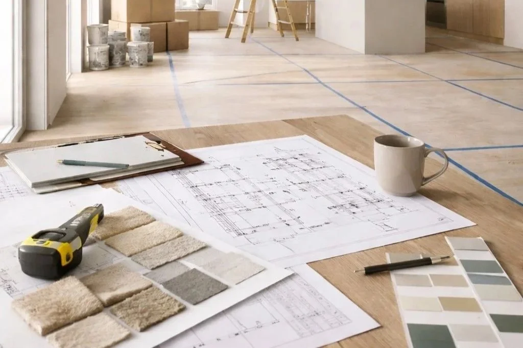 Plan d'architecture sur une table de travail avec échantillons de matériaux, outils, et plans pour la rénovation ou la construction d'une pièce en intérieur avec sol en bois, grande fenêtre laissant entrer de la lumière