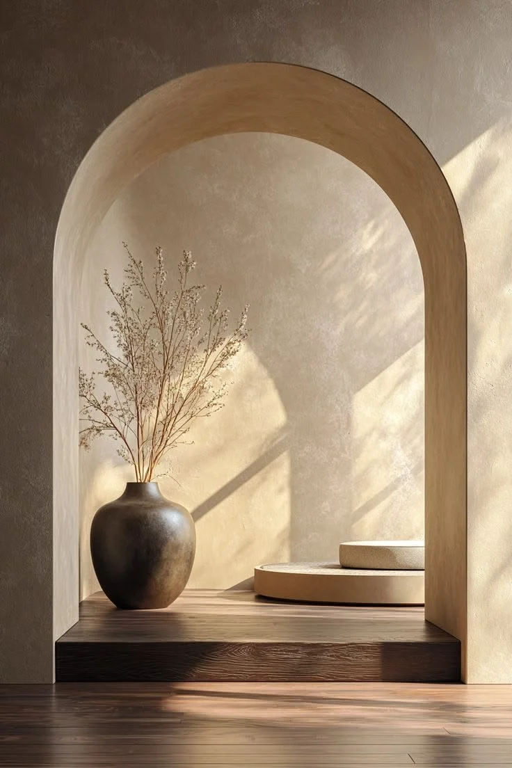Une décoration intérieure minimaliste avec une grande poterie contenant des branches séchées, placée sur une plateforme en bois sous une arche en plâtre beige, avec un éclairage tamisé et des ombres douces sur le mur.