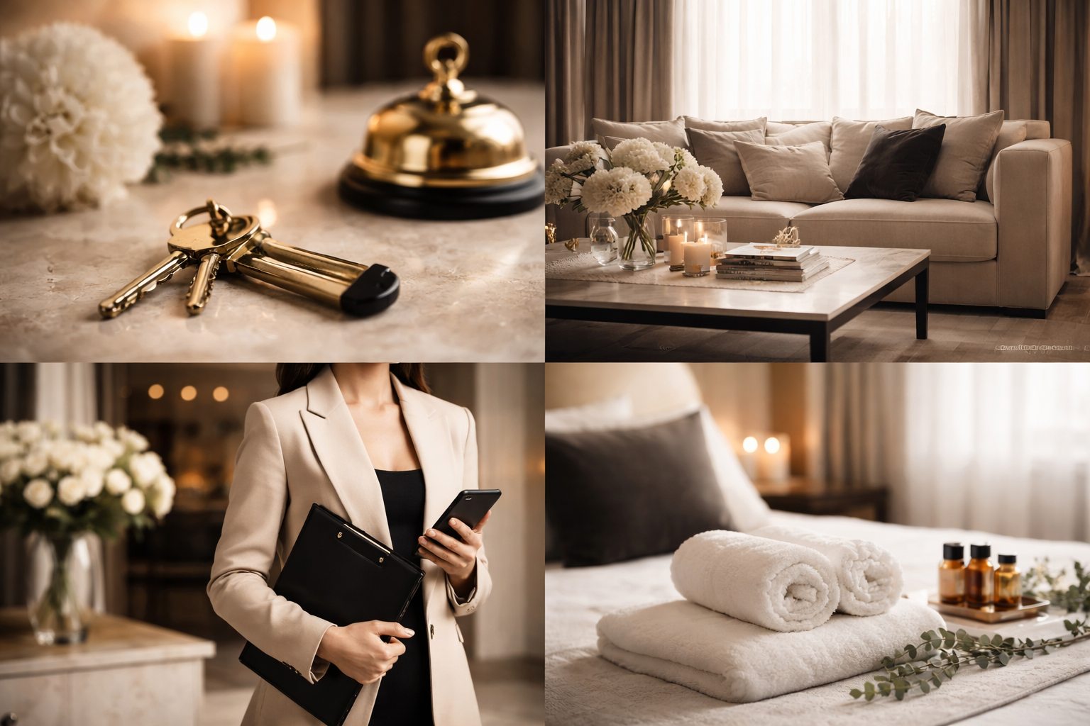 Image de quatre photos montrant un intérieur élégant et lumineux, avec des éléments de décoration en beige et blanc, des accessoires de maison, des fleurs, et un torse d'une femme en tenue professionnelle tenant un téléphone et un dossier.