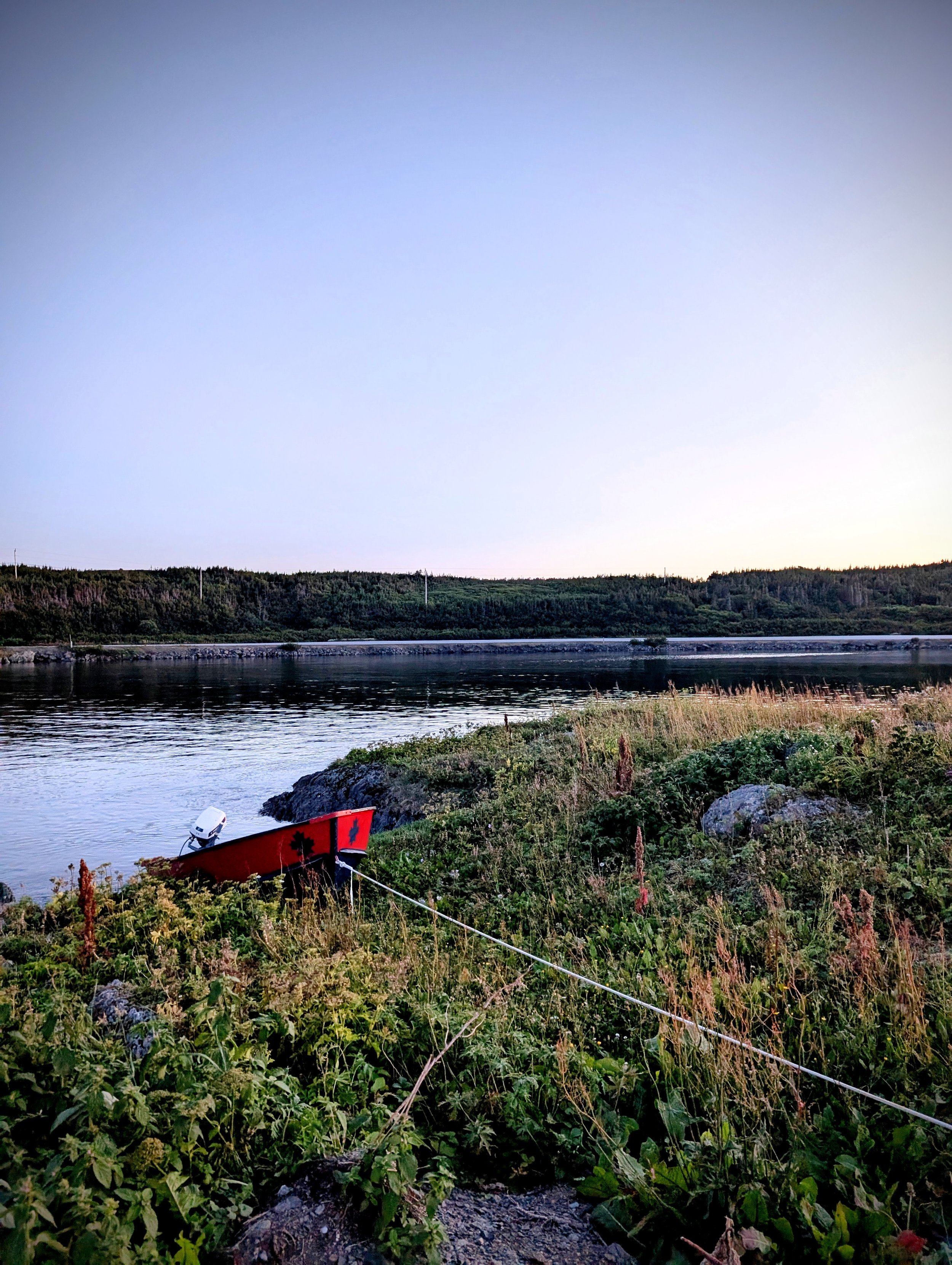 A red rowboat with a white outboard motor resting on the grassy shore of a body of water, with distant forested hills under a clear sky.