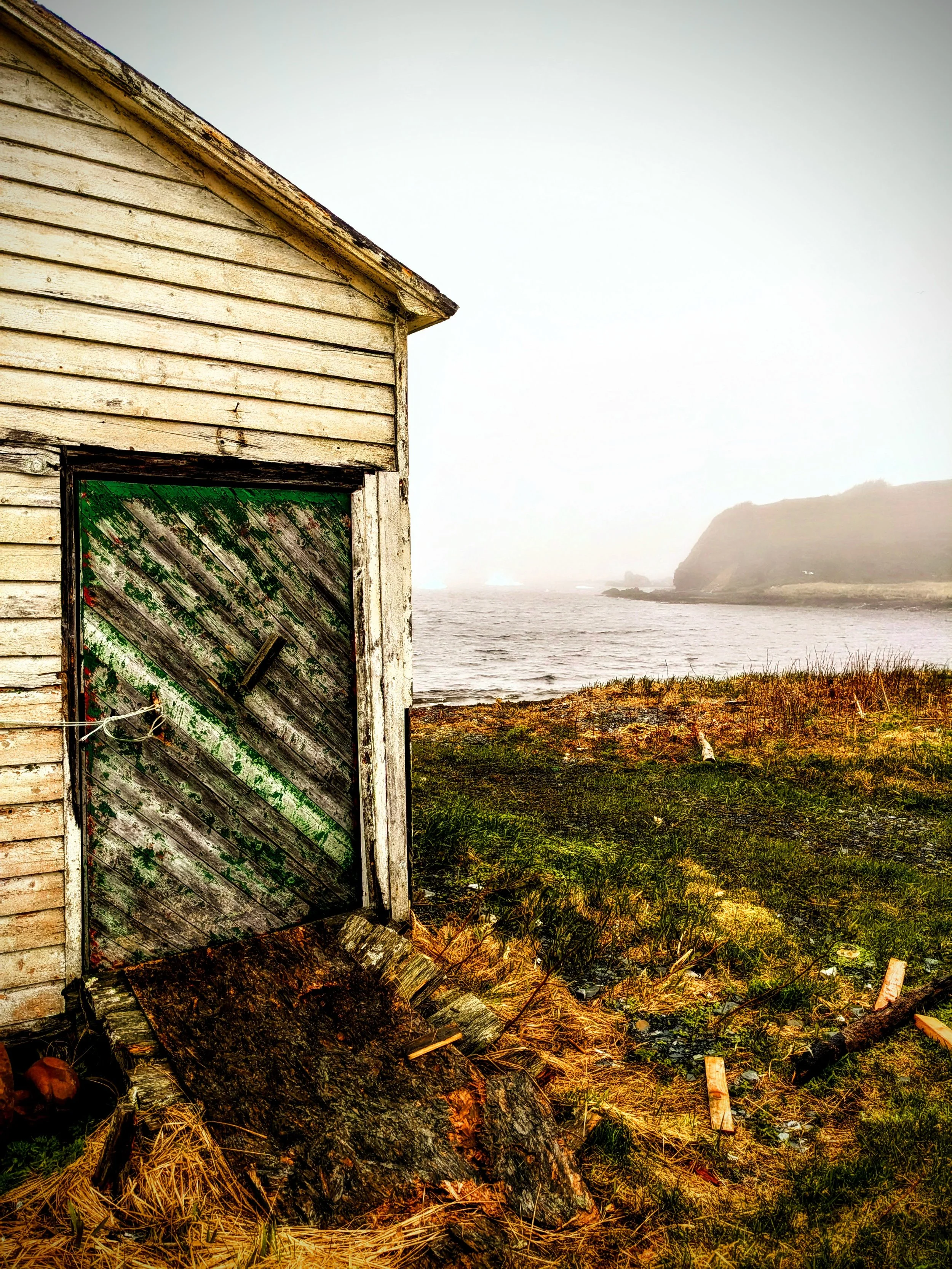 An old, weathered wooden shed near a body of water, with a large driftwood log and grassy shoreline in the foreground, and a misty, foggy distant hillside in the background.