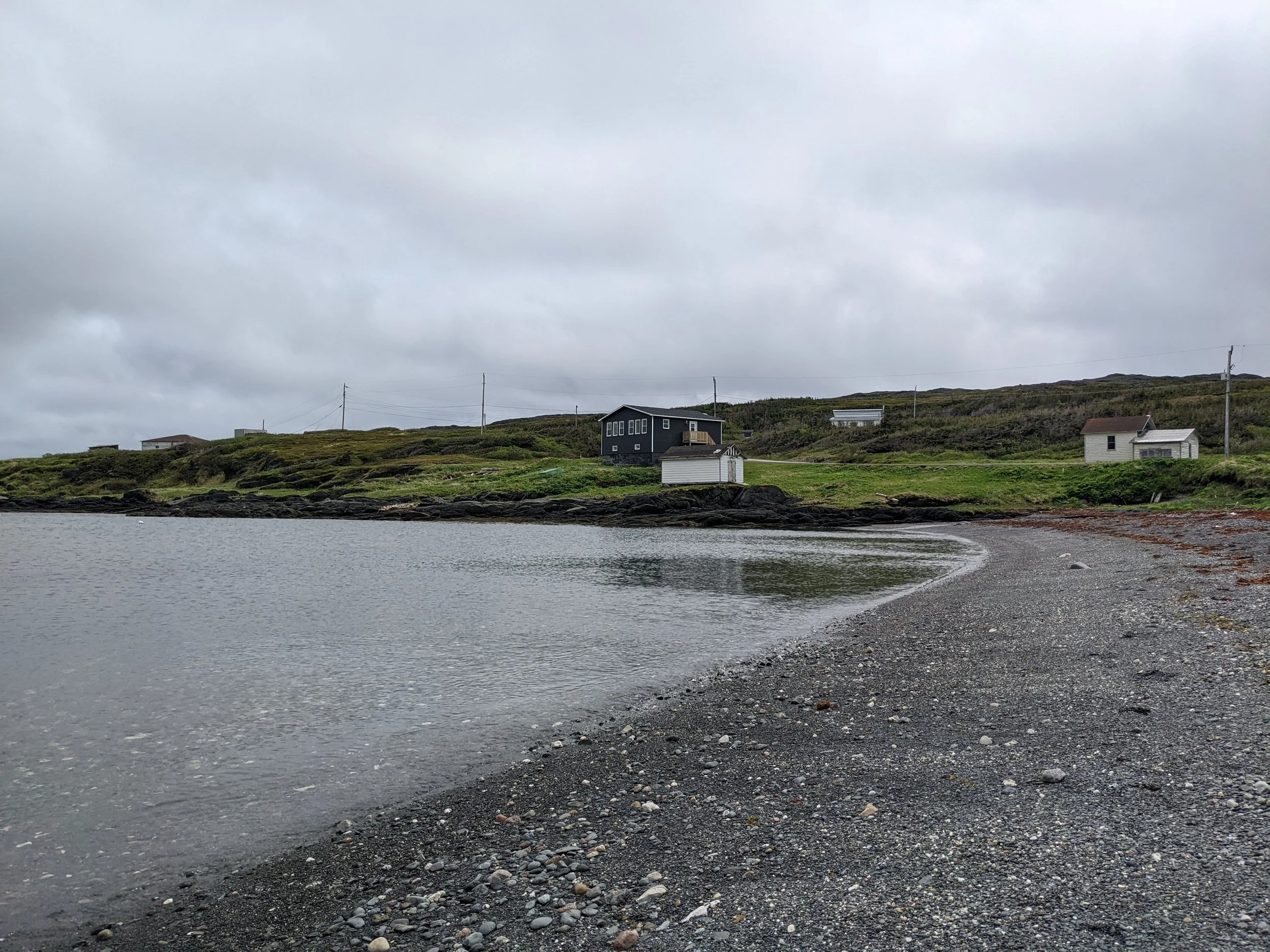 A shoreline with dark rocks and pebbles, calm water in the foreground, grassy hills with houses and power lines in the background, and a cloudy overcast sky.