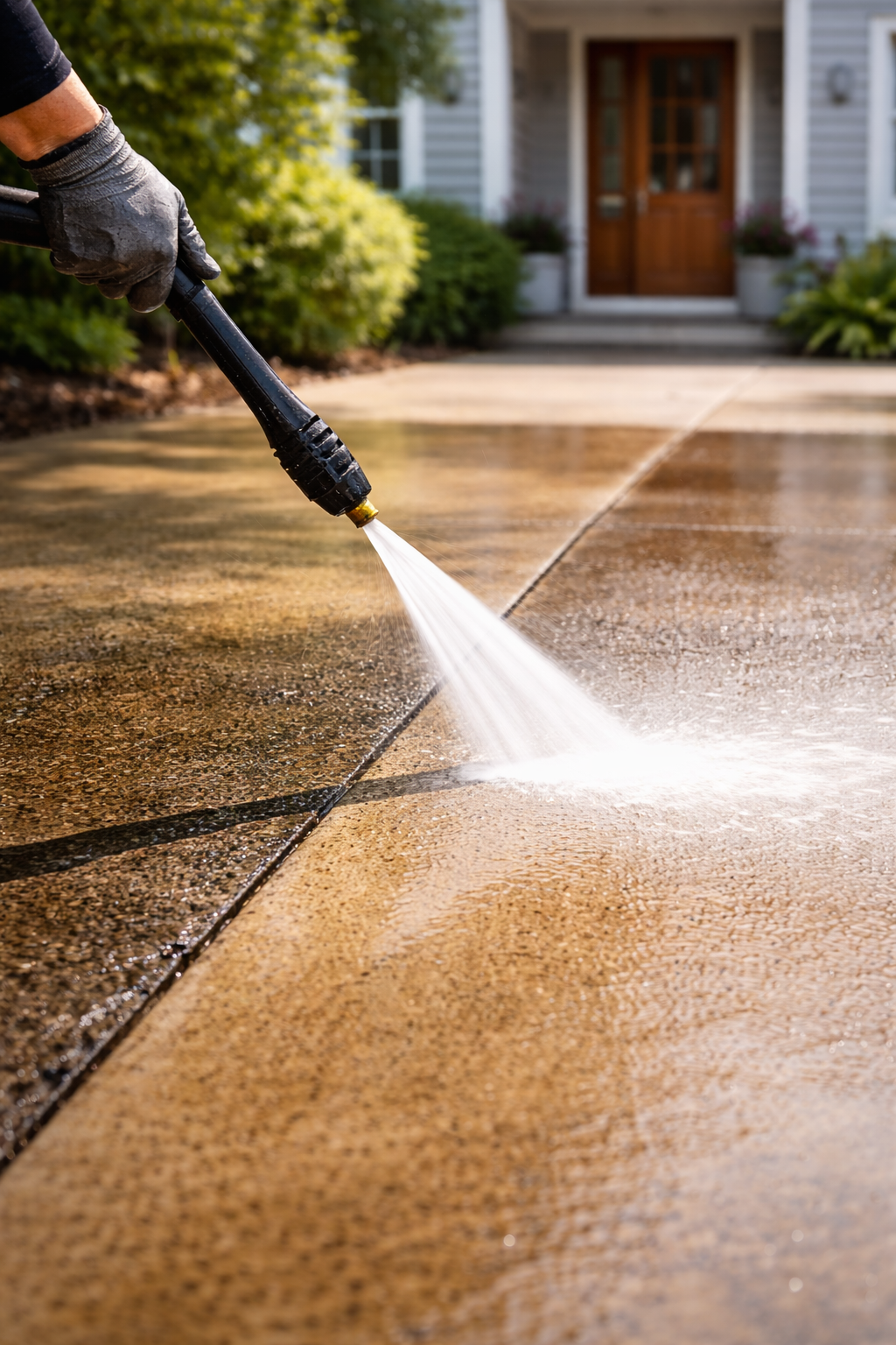 A person wearing gloves pressure washing a concrete driveway in front of a house with a wooden door and greenery.