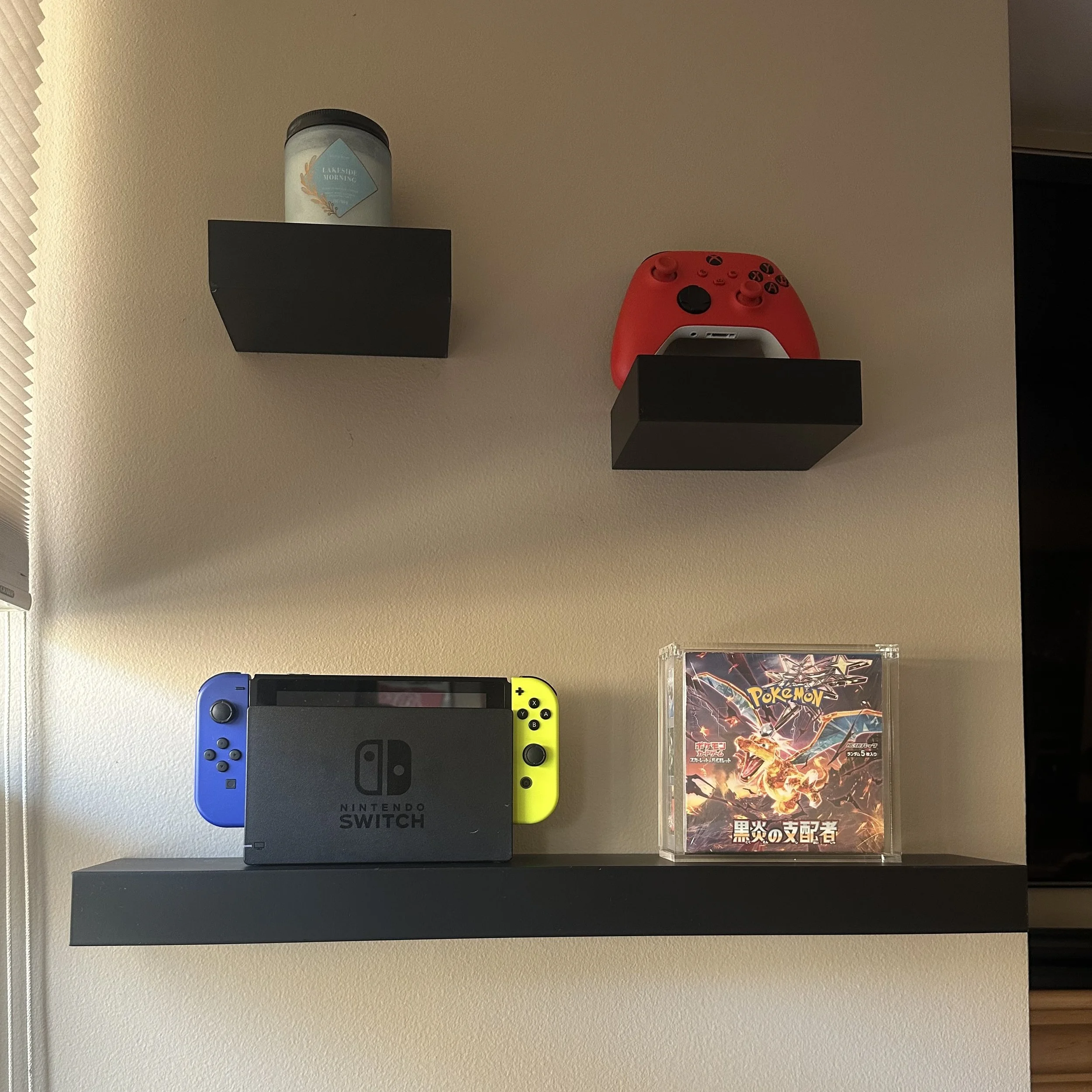 A black wall-mounted shelf holds a container with a blue label, a red Nintendo Switch console, a Pokémon game case, and part of a television screen is visible at the bottom.
