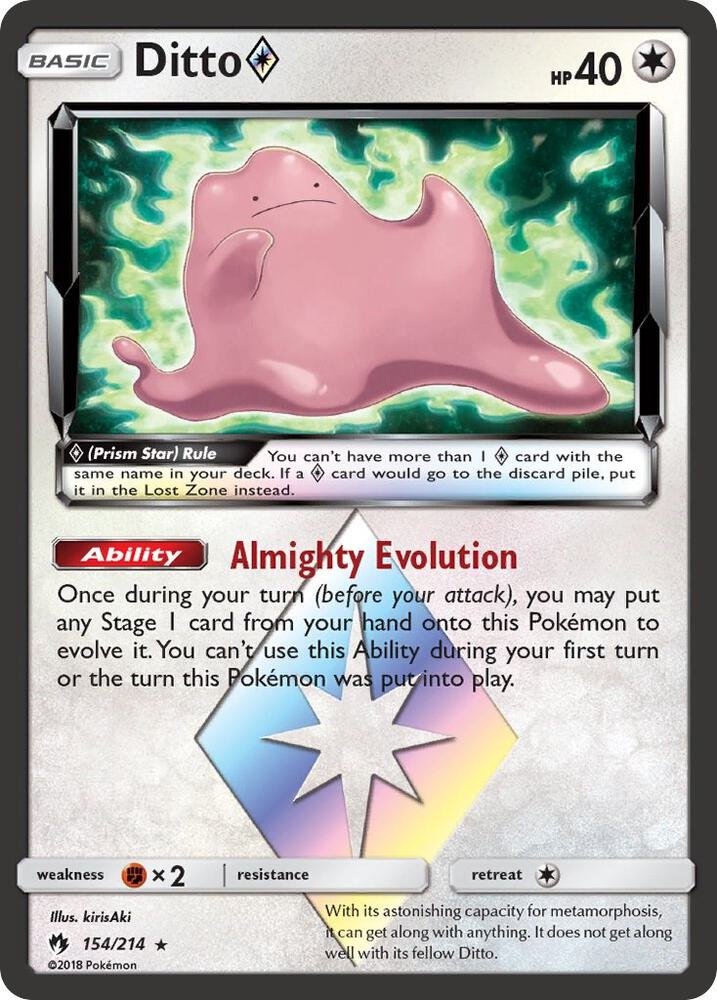 A Pokémon card featuring Ditto with 40 HP. It shows Ditto transforming into a purple star-shaped figure with a multicolored rainbow glow. The card includes abilities and rules, with a background of green and yellow swirling energy.