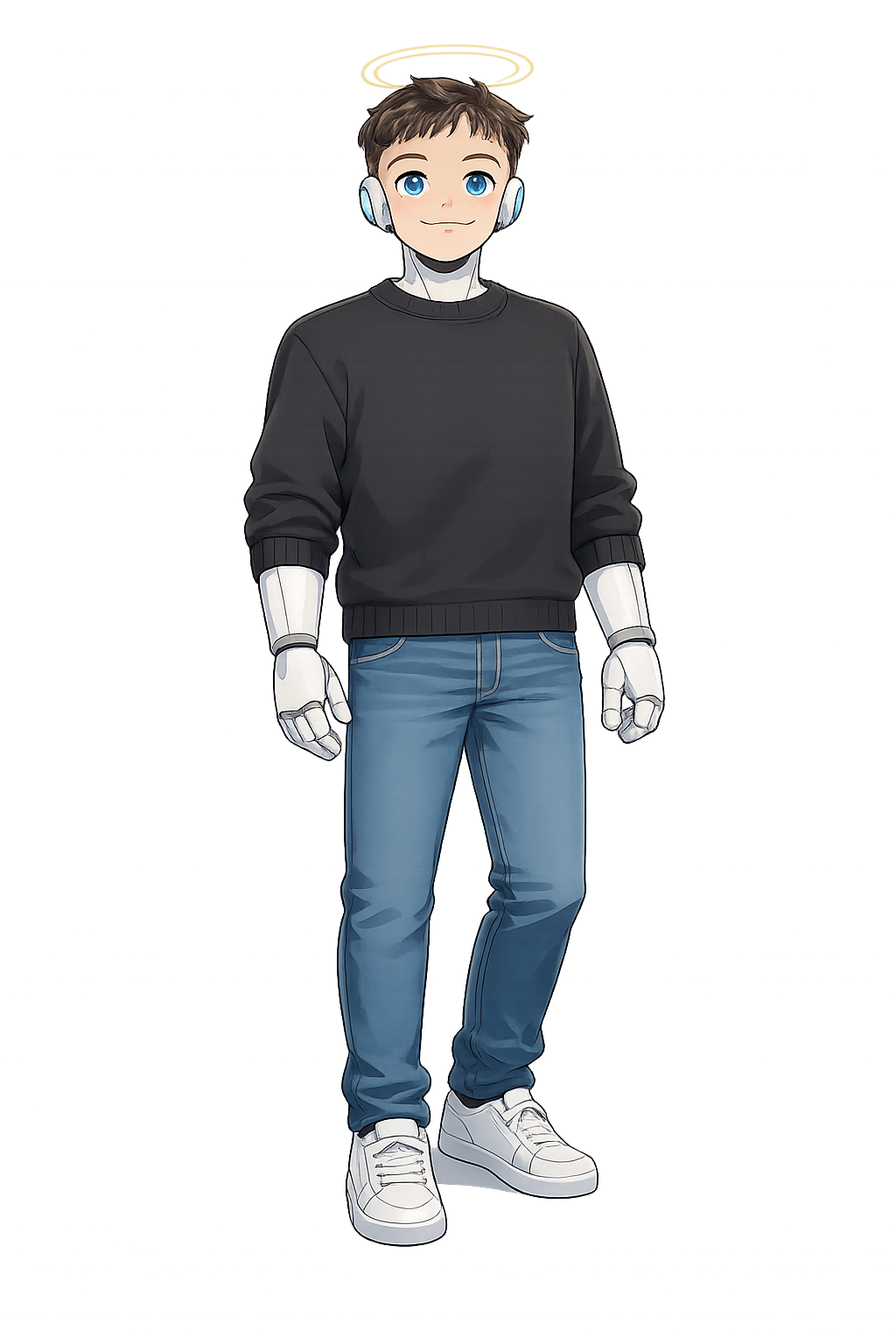 Digital illustration of a young person with brown hair, blue eyes, wearing a black sweatshirt, blue jeans, white sneakers, headphones, and a glowing halo above their head.