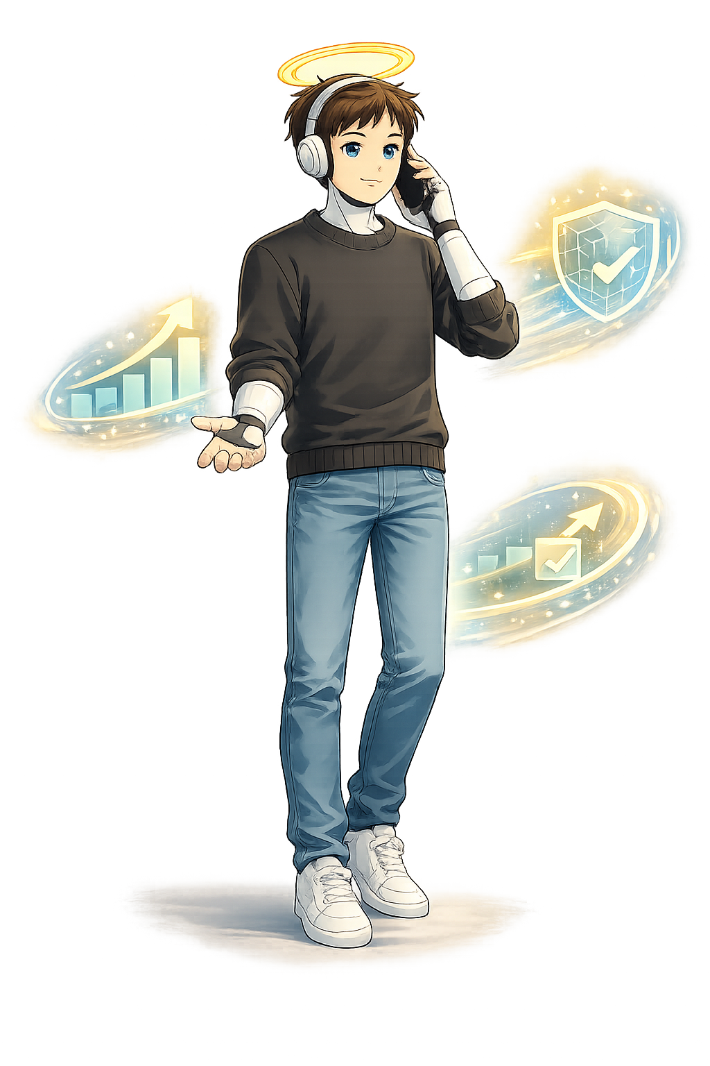 Digital illustration of a young man with brown hair wearing a black sweater, blue jeans, and white sneakers, holding a virtual headset to his ear. Behind him are icons of a rising bar chart and a shield with a checkmark, representing technology and security.
