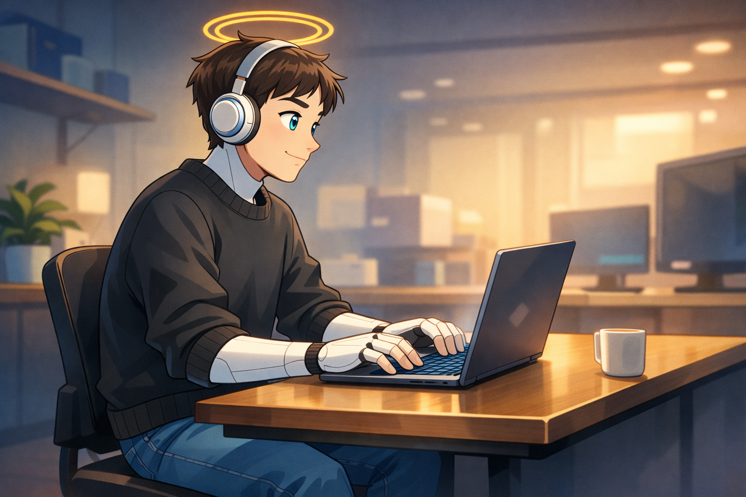 A young person with brown hair and blue eyes wearing headphones with a halo above their head, sitting at a wooden desk and typing on a laptop in a modern office with several screens and a potted plant.