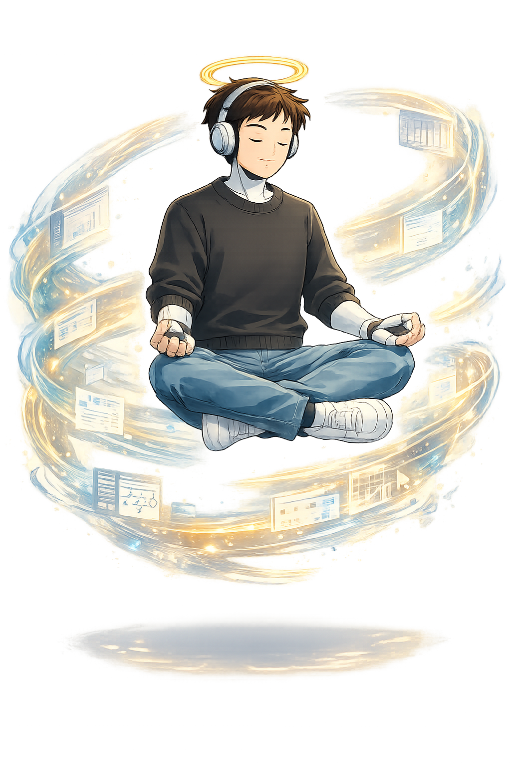 A young person wearing headphones and a black sweatshirt is meditating in a cross-legged position while surrounded by a swirling digital data stream.