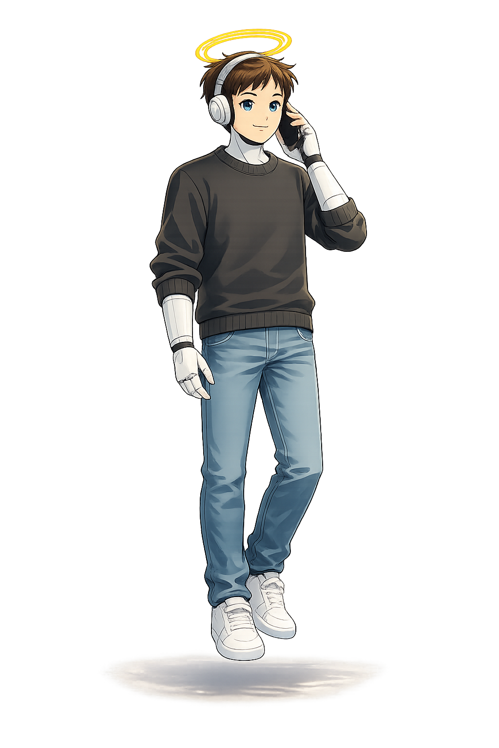 Anime-style young male character with brown hair, blue eyes, wearing a black sweater, light blue jeans, white sneakers, headphones, and a digital halo above his head, standing on a white platform.