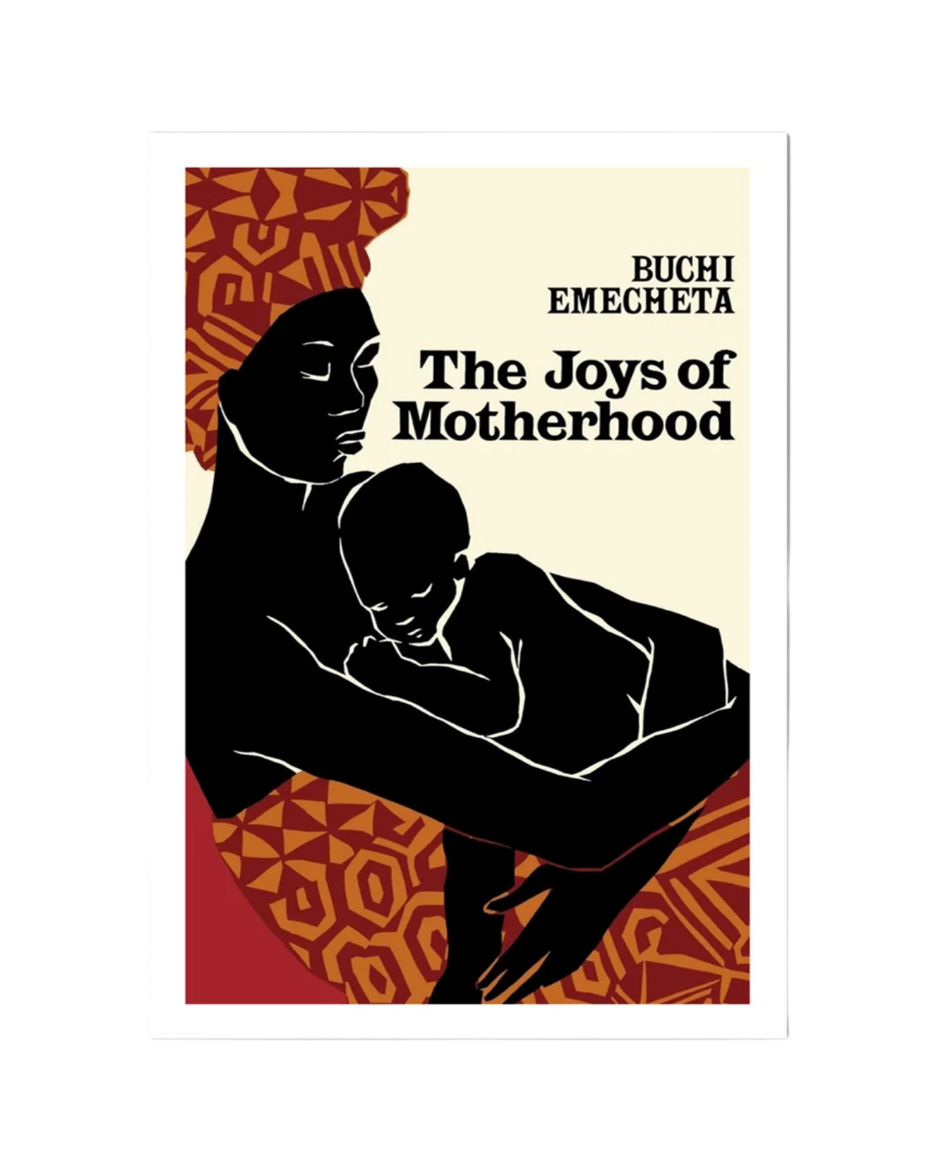 Book cover titled "The Joys of Motherhood" by Buchi Emecheta, featuring a black silhouette of a mother holding her child against a patterned red and orange background.