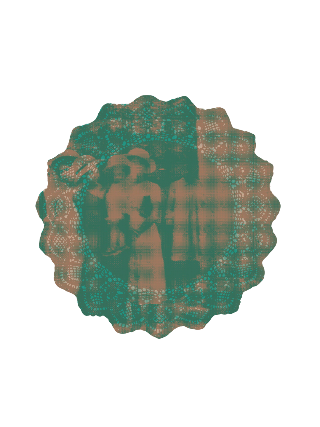 An artistic depiction of two figures, one standing and one crouched, inside a scalloped circular frame with intricate dotted patterns, creating a stylized and abstract scene.