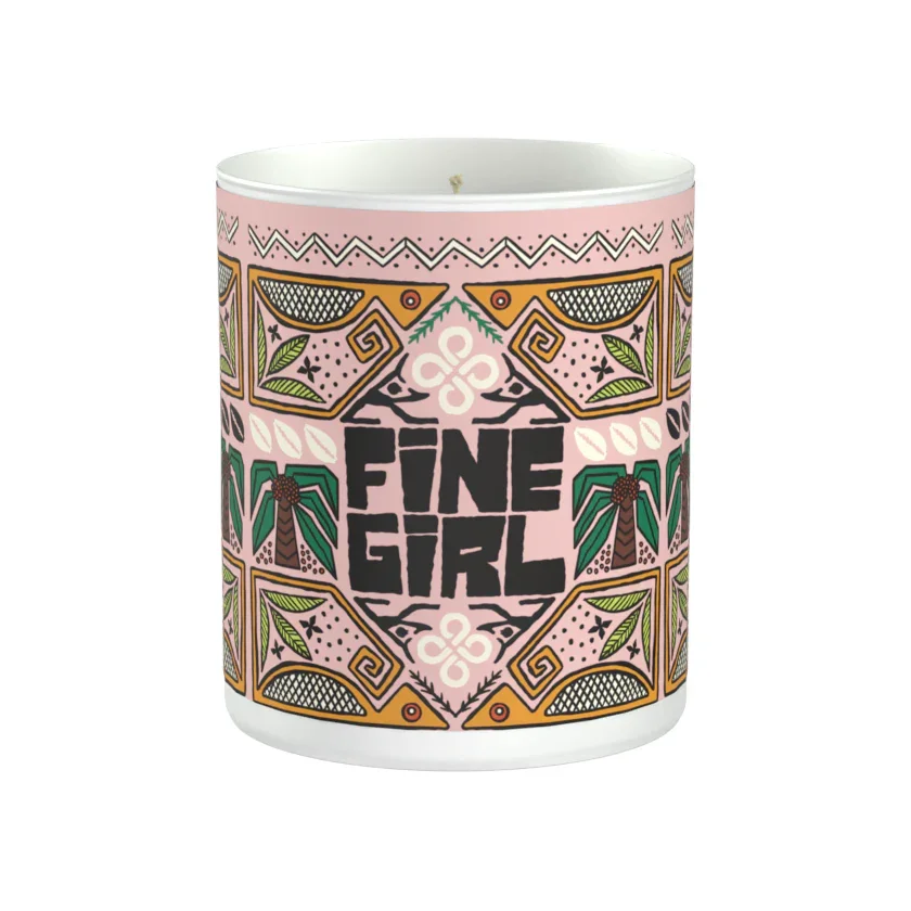 A decorative candle holder with a pink, black, green, and gold pattern. The phrase 'FINE GIRL' is prominently displayed in bold black letters in the center.