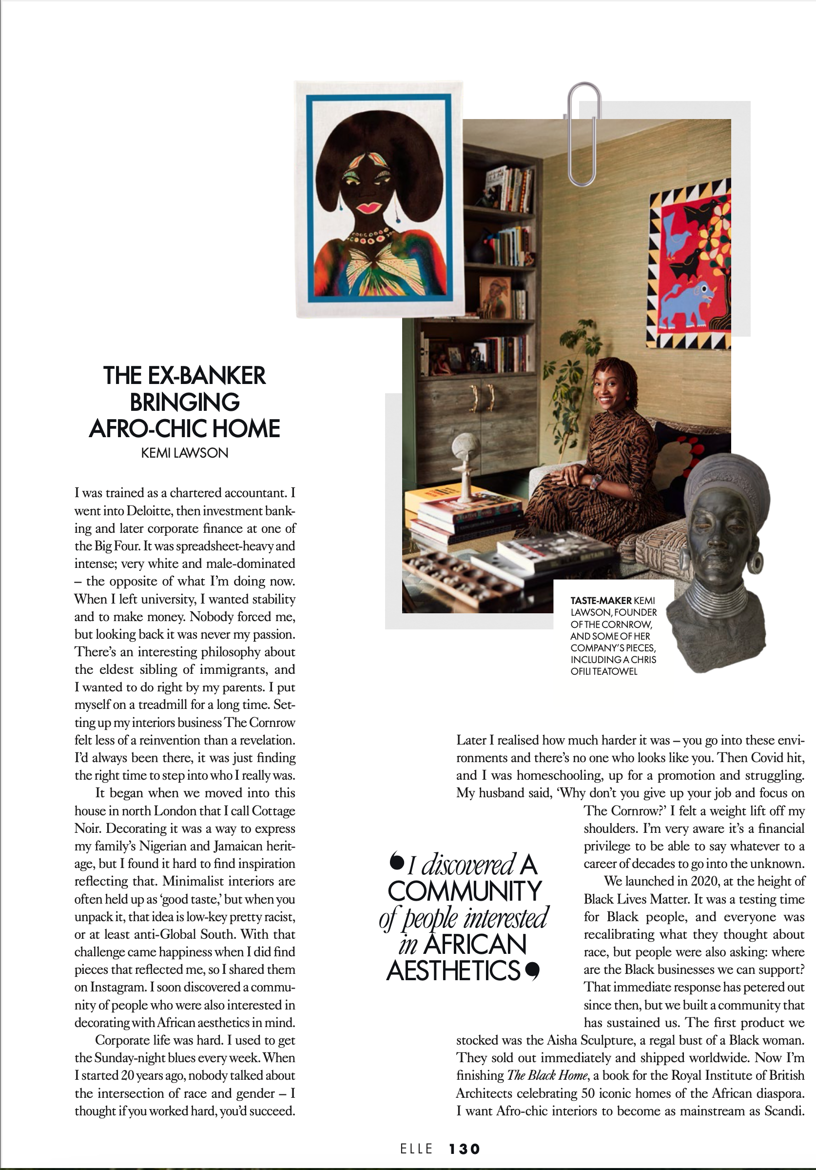 An article from Elle magazine featuring Kemi Lawson, with images of colorful African art and interior design, including a portrait of a woman with dark skin, large afro hairstyle, colorful clothing and jewelry, and African-themed wall hangings.
