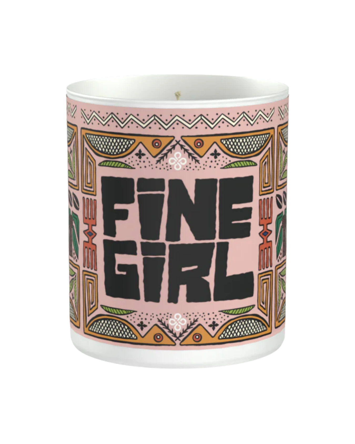 Pink candle with black, white, orange, green, and gold tribal and geometric patterns, and the words "FINE OUT GIRL" in bold black letters on the front.