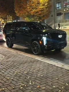 A black Cadillac SUV parked on a city street at night, with trees and buildings in the background.