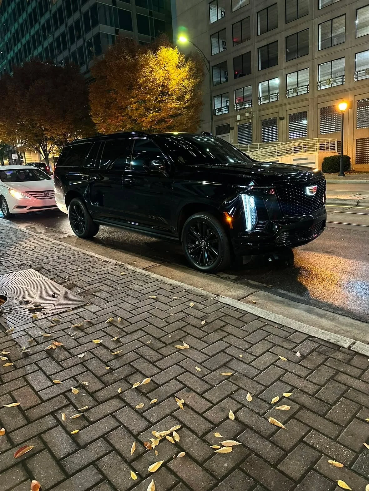 A black Cadillac Escalade parked on a city street at night, with a white car behind it, a tree with orange leaves, and tall buildings illuminated in the background.