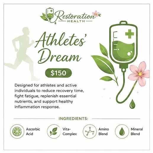 Restoration Health Athletes' Dream supplement with a green IV bag, leaves, and a pink flower, priced at $150, designed to help athletes reduce recovery time and support healthy inflammation response.