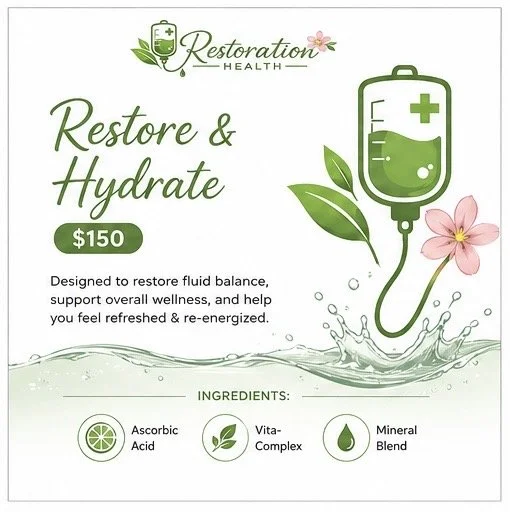 Infographic for Restorative Health service titled 'Restore & Hydrate' with a price of $150. Features a large green IV drip with leaves and a pink flower. Describes a fluid restore treatment to improve wellness and energy. Ingredients include Ascorbic