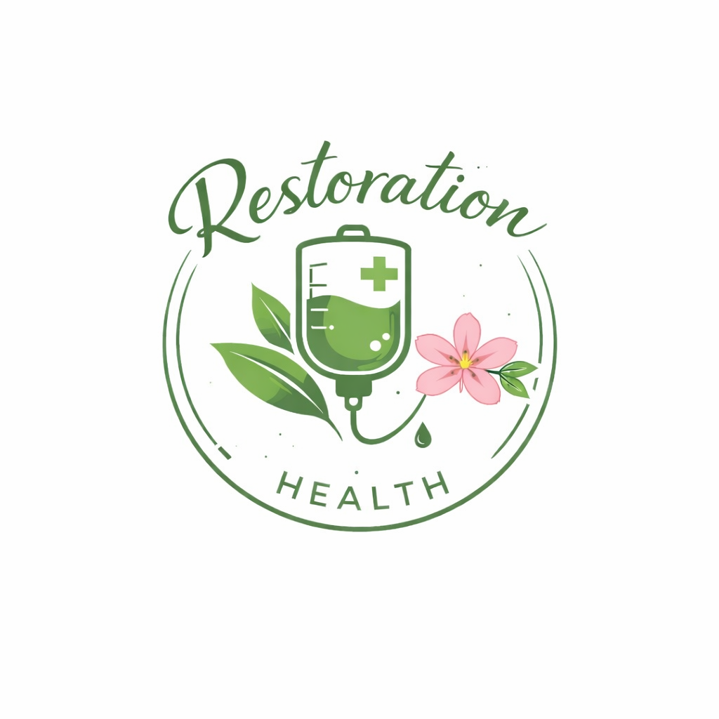 Restoration Health logo featuring a medical IV bag with a green cross, surrounded by green leaves and a pink flower, on a white background.