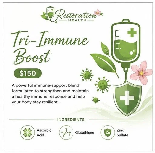 Restoration Health Tri-Immune Boost supplement advertisement with price, ingredients, and health benefits, featuring a green IV bag with leaves and a shield, plus a pink flower.