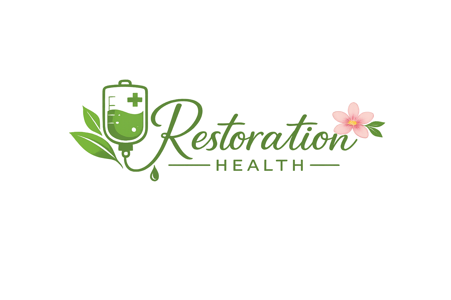 A logo for Restoration Health featuring a green IV bag, leaves, and a pink flower with two green leaves on a gray background.
